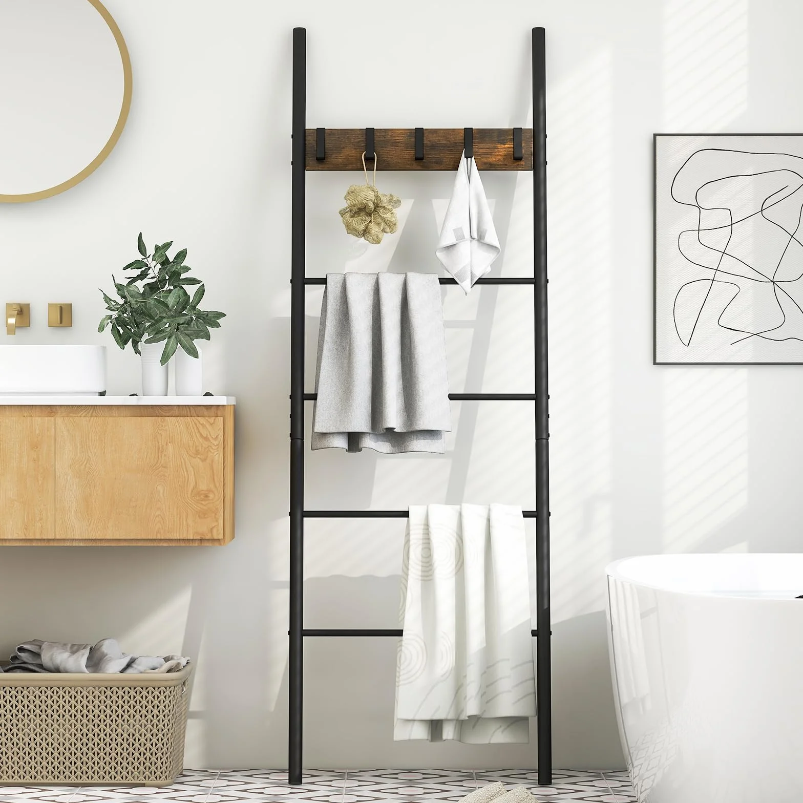 COSTWAY Drabina na ręczniki 180 x 60 cm, wieszak na ręczniki z 5 zdejmowanymi haczykami, regał drabinkowy, oszczędność miejsca, drabina do garderoby z metalową ramą, styl vintage