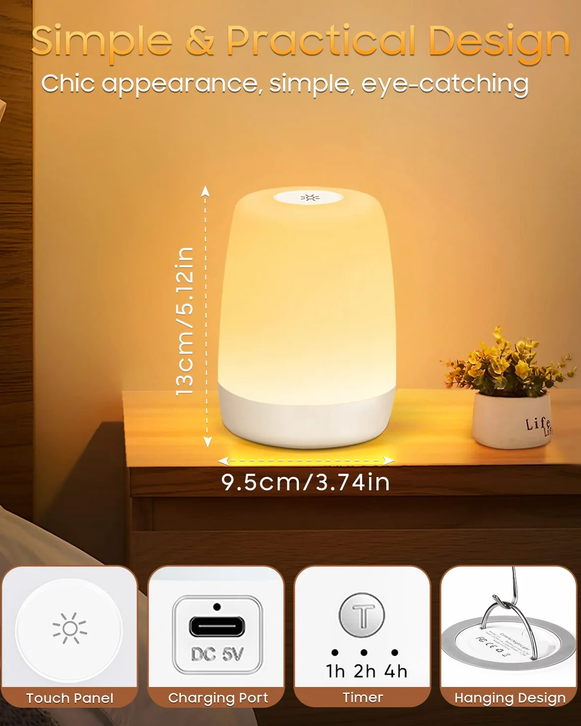 Lampka nocna LED RGB ściemnialna z trybem ciepłym i zmianą kolorów 256, akumulatorowa z timerem