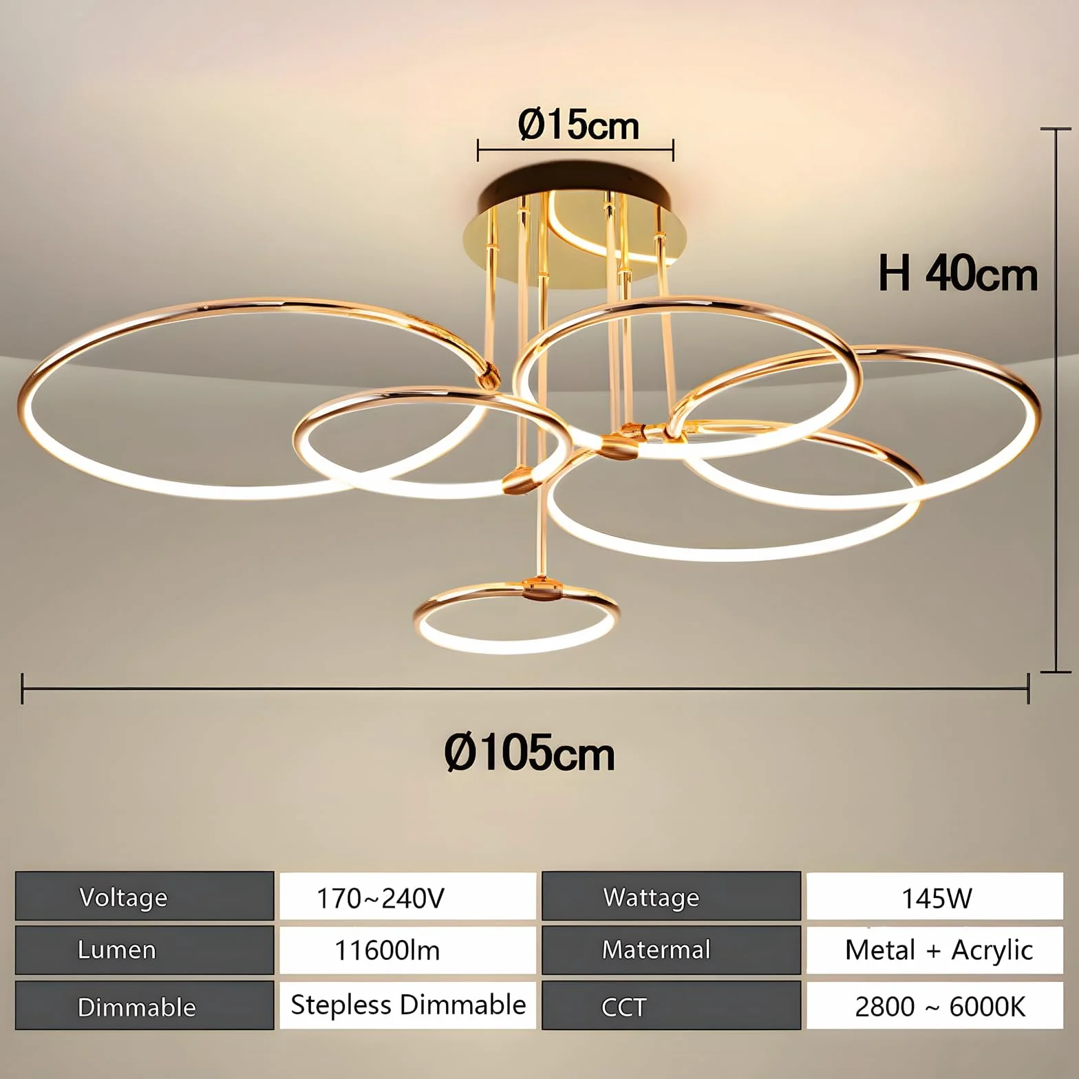 LED Lampa Sufitowa Żyrandol Metalowego Koła Złoty Ø105cm 145W Płynną Regulacją Ściemniania 3000-6000K Nowoczesny Okrągły Wisiorek Galwaniczny