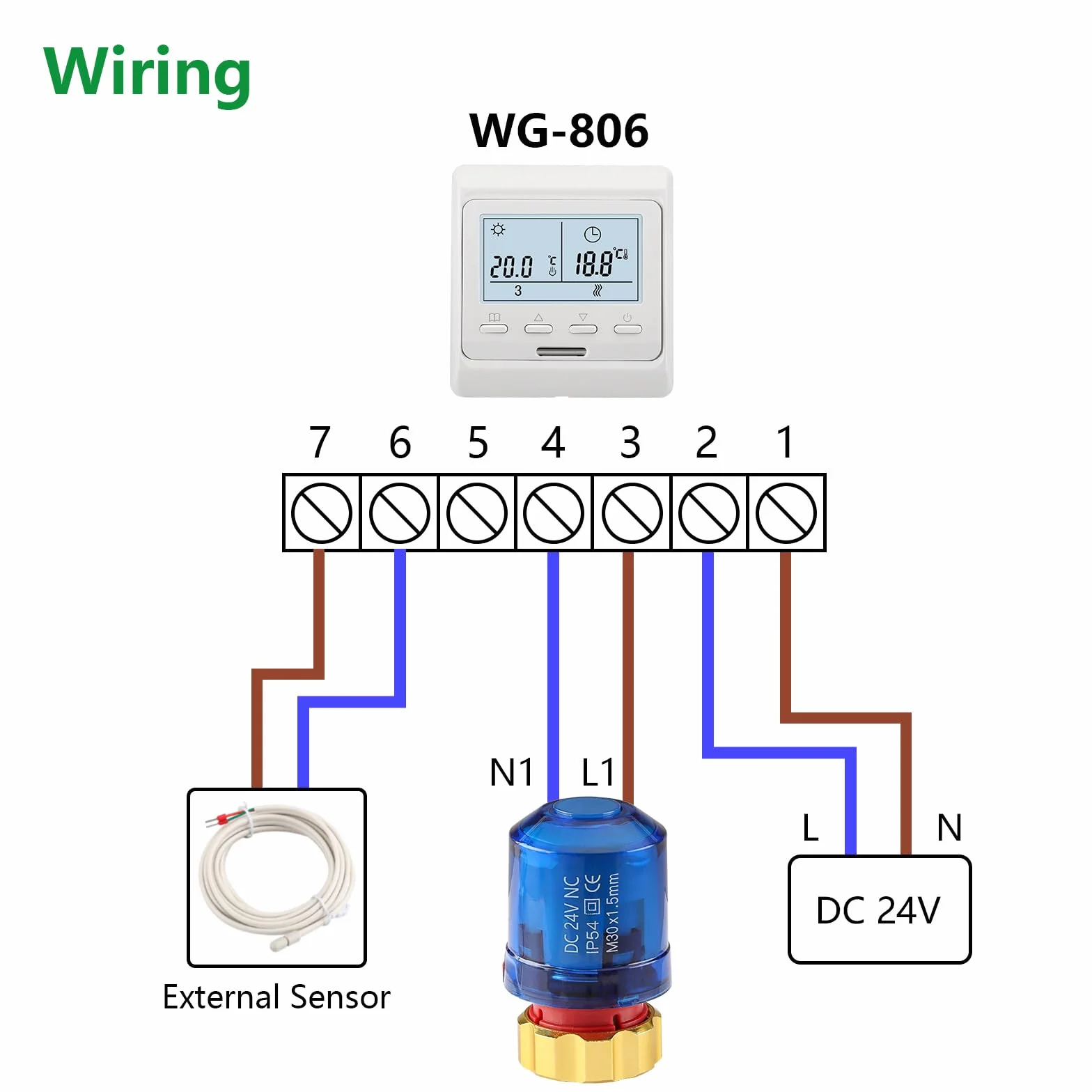 Wengart WG02 siłownik termiczny AC230 V normalnie zamknięty LED 360° do ogrzewania podłogowego niebieski