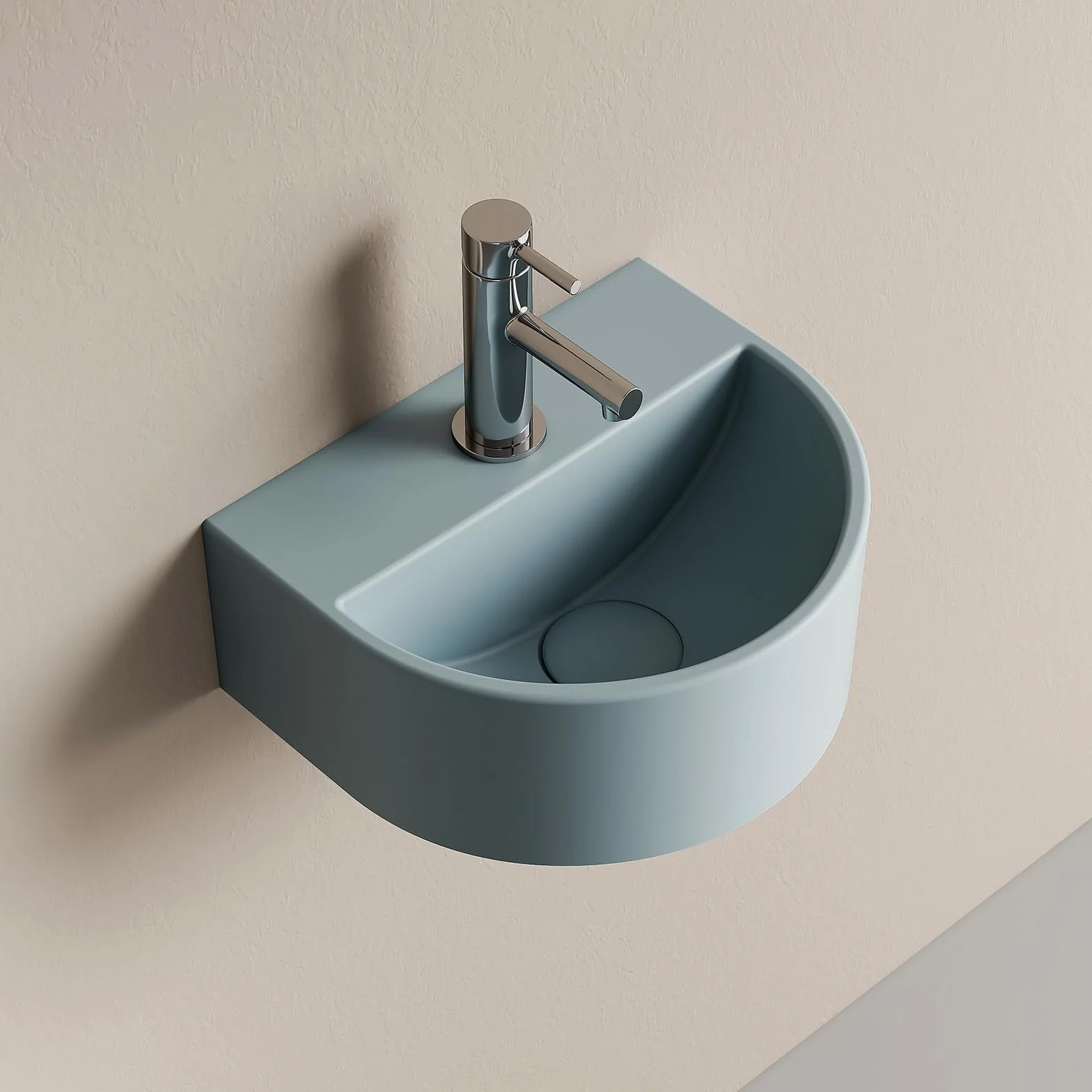 EMKE Półokrągła umywalka wisząca 303 x 255 x 120 mm ceramiczna matowa jasnoniebieska