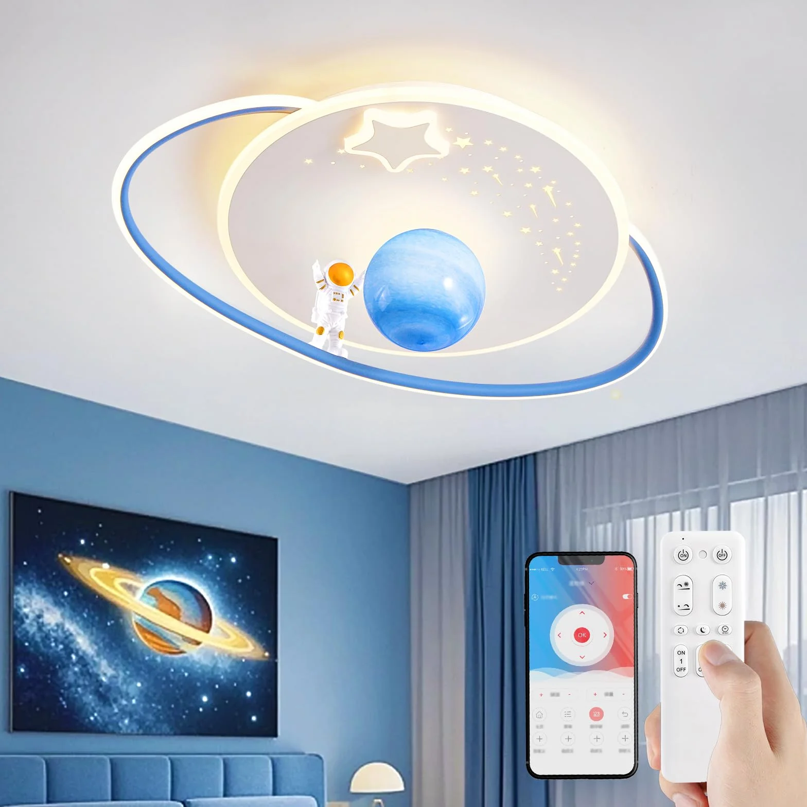 Lampa sufitowa LED ściemniana z pilotem zdalnego sterowania astronauta księżyc dekoracyjna do pokoju dziecięcego
