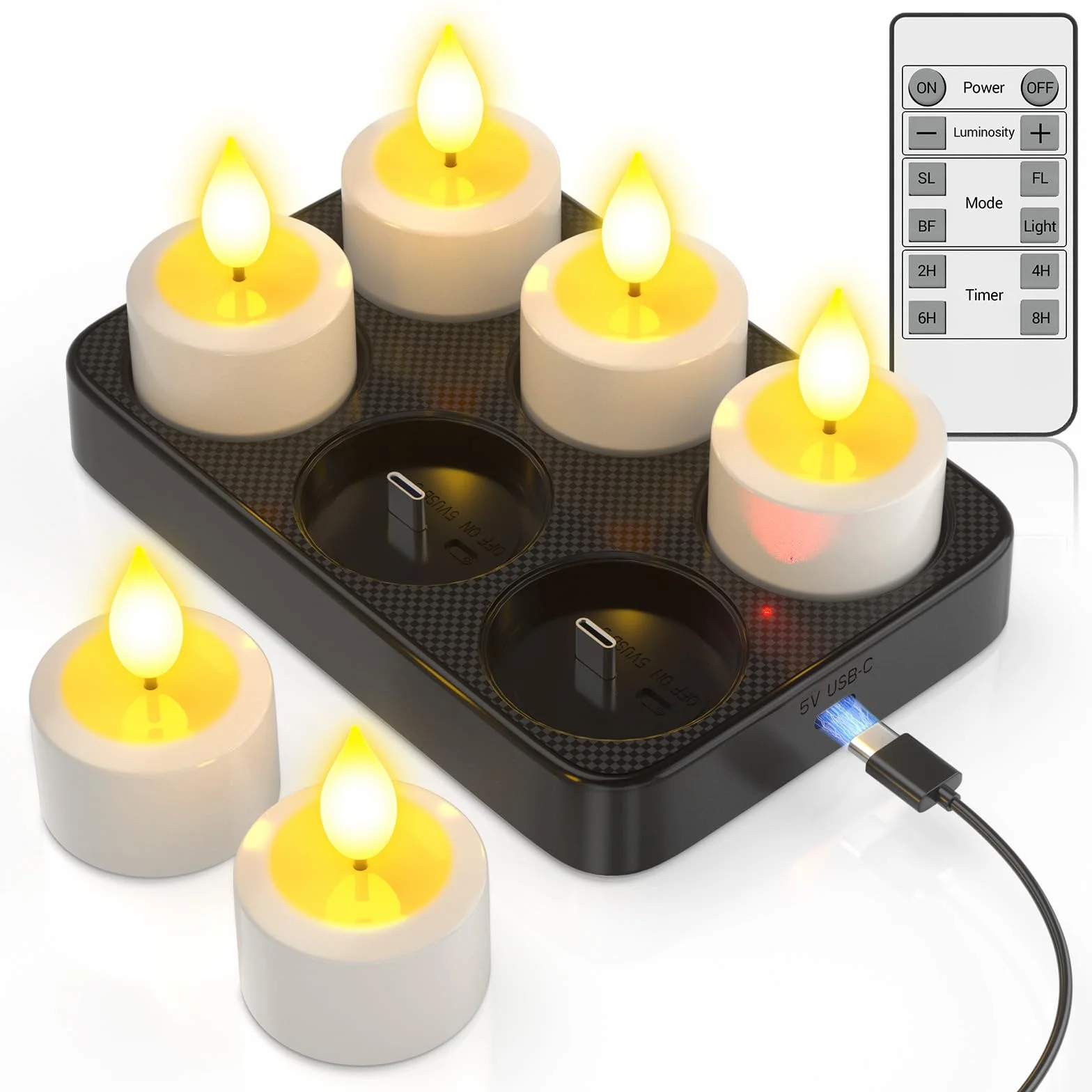 SoulBay LED świeczki ładowalne z timerem, stacja ładowania, zestaw 6 sztuk, migoczące z pilotem