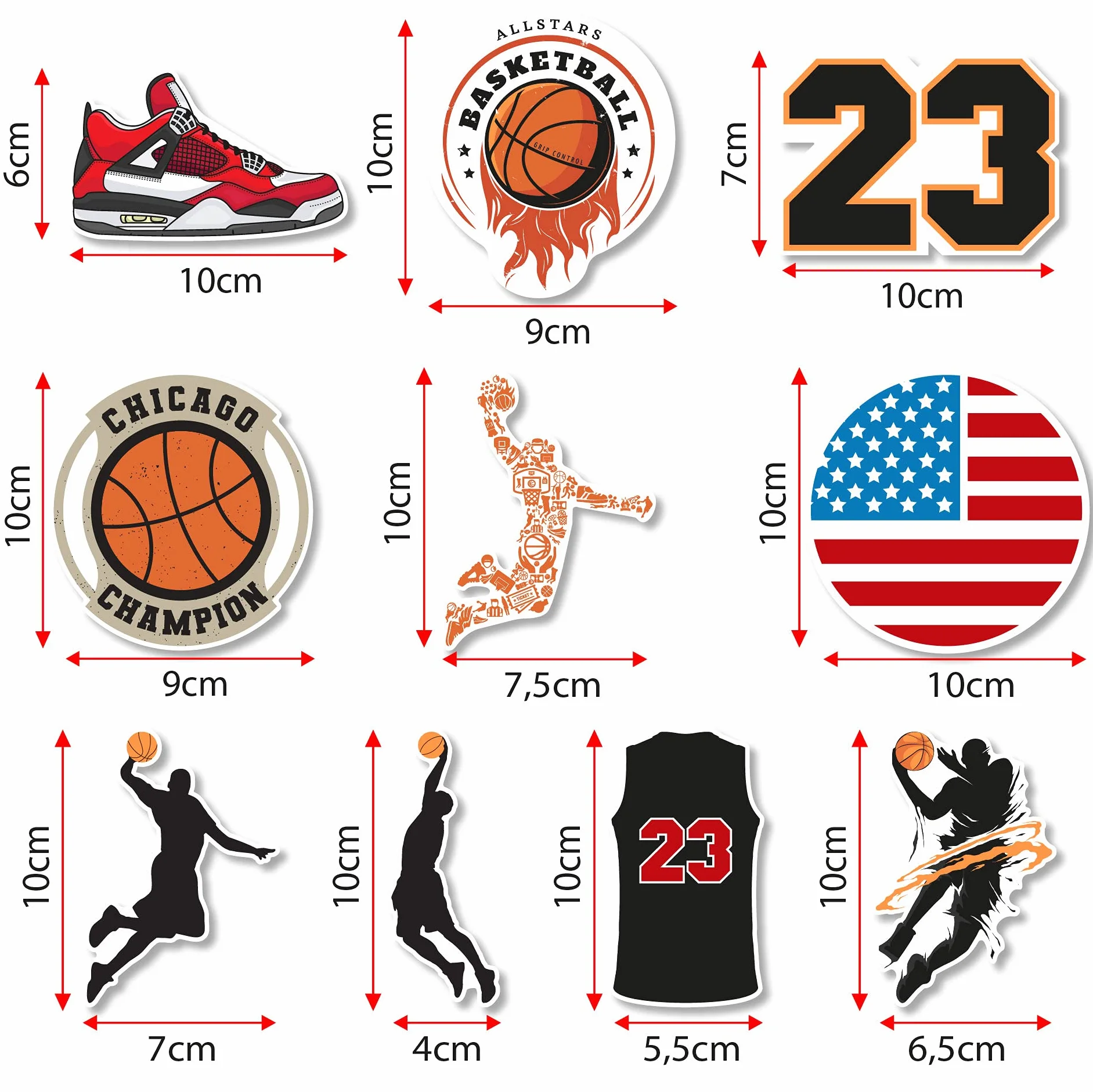 Naklejki Koszyk Jordan 23 NBA | Opakowanie 10 sztuk | Naklejki na laptopa, łopata do wiosła, telefonu komórkowego, samochodu, gitary, bagażu...