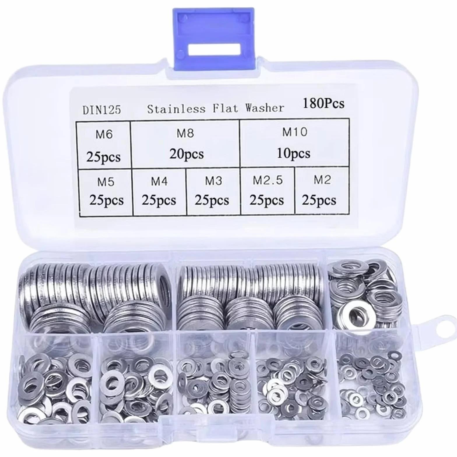 304 Stainless Steel Flat Washer Assortment Kit M2 M2.5 M3 M4 M5 M6 M8 M10 180pcs