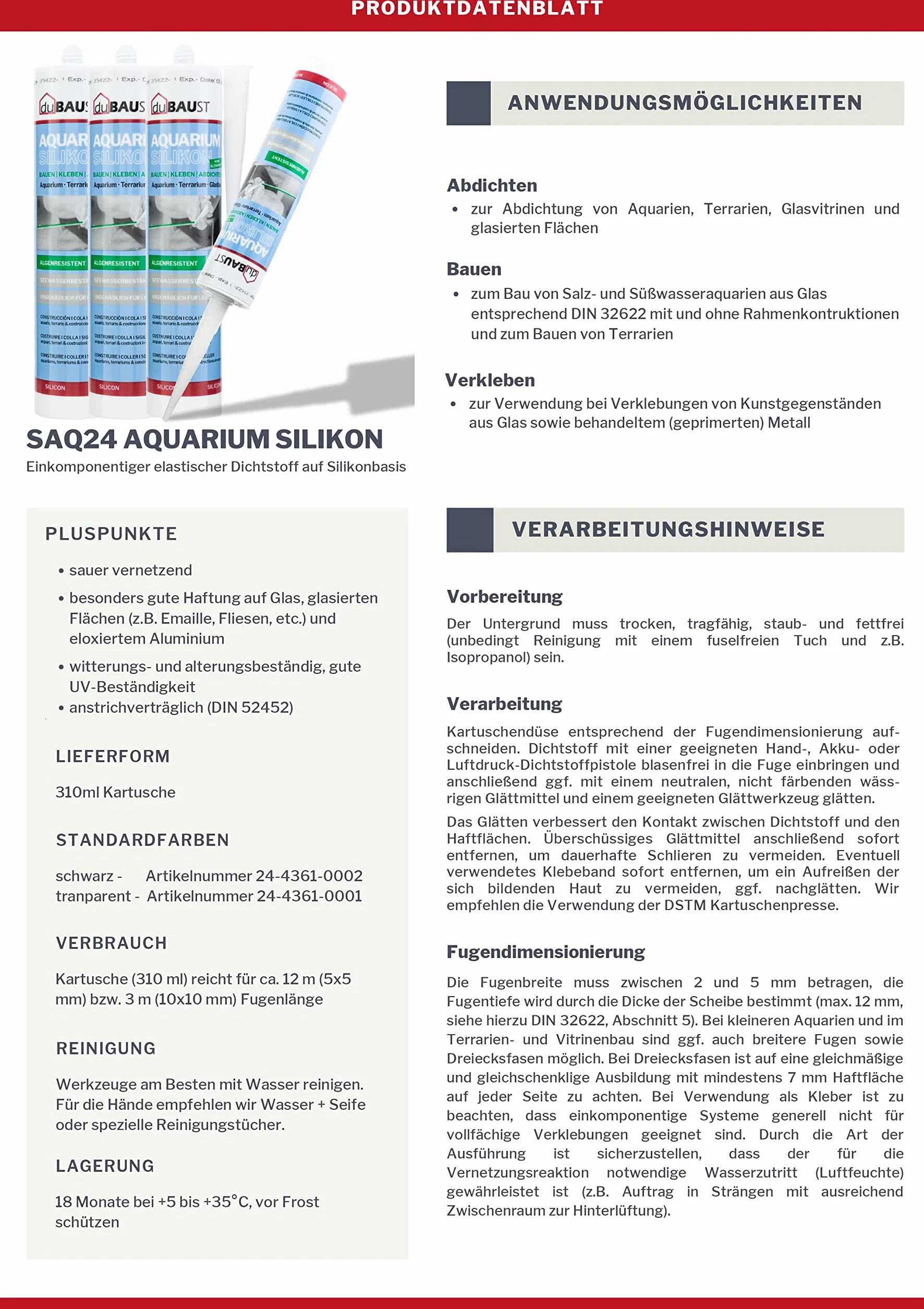 SAQ24 Silikonowy wkład 310 ml do akwarium słodkiej i morskiej klej przezroczysty