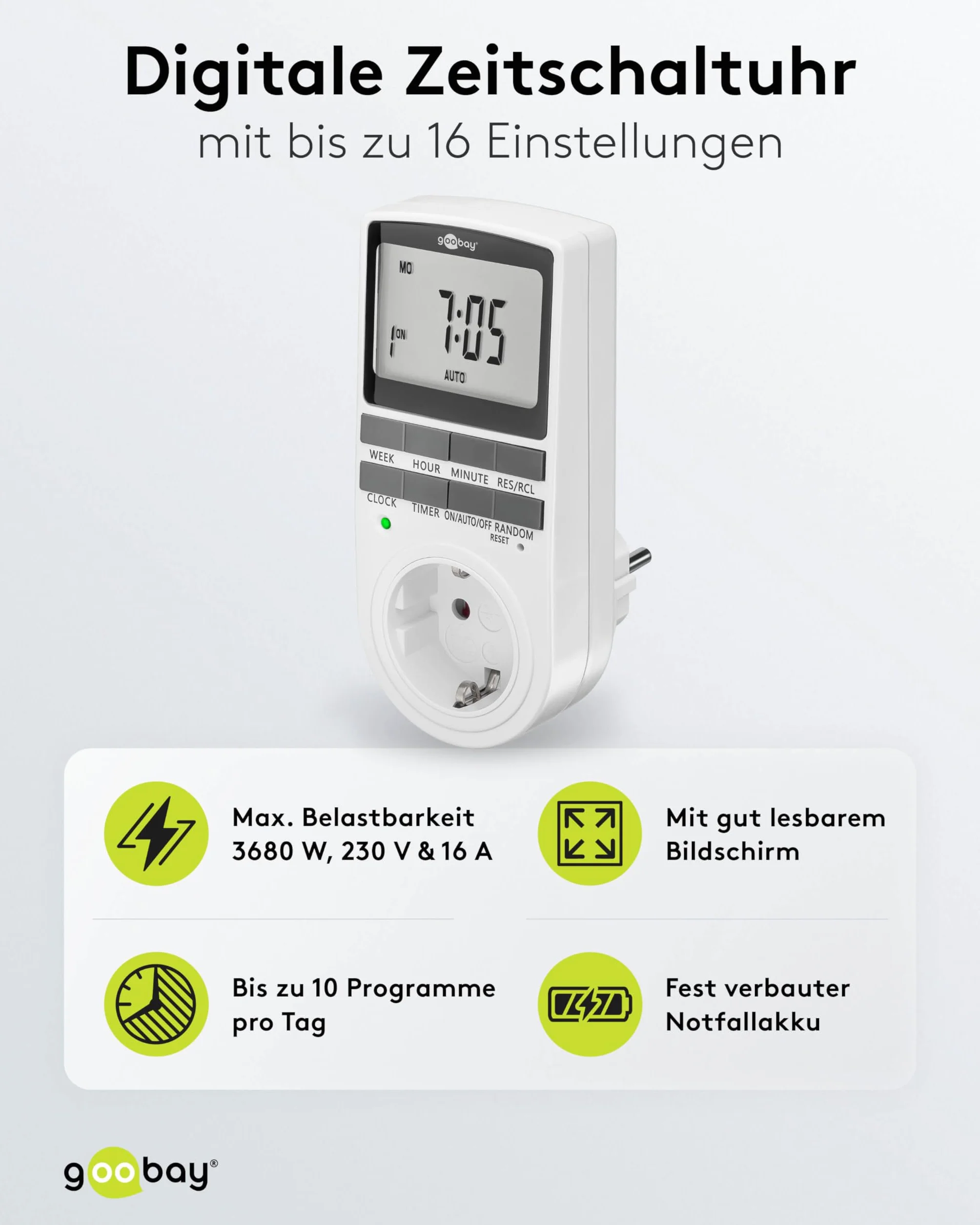 Goobay Cyfrowy programator czasowy 16 programów gniazdko elektryczne tryb losowy 3680 W
