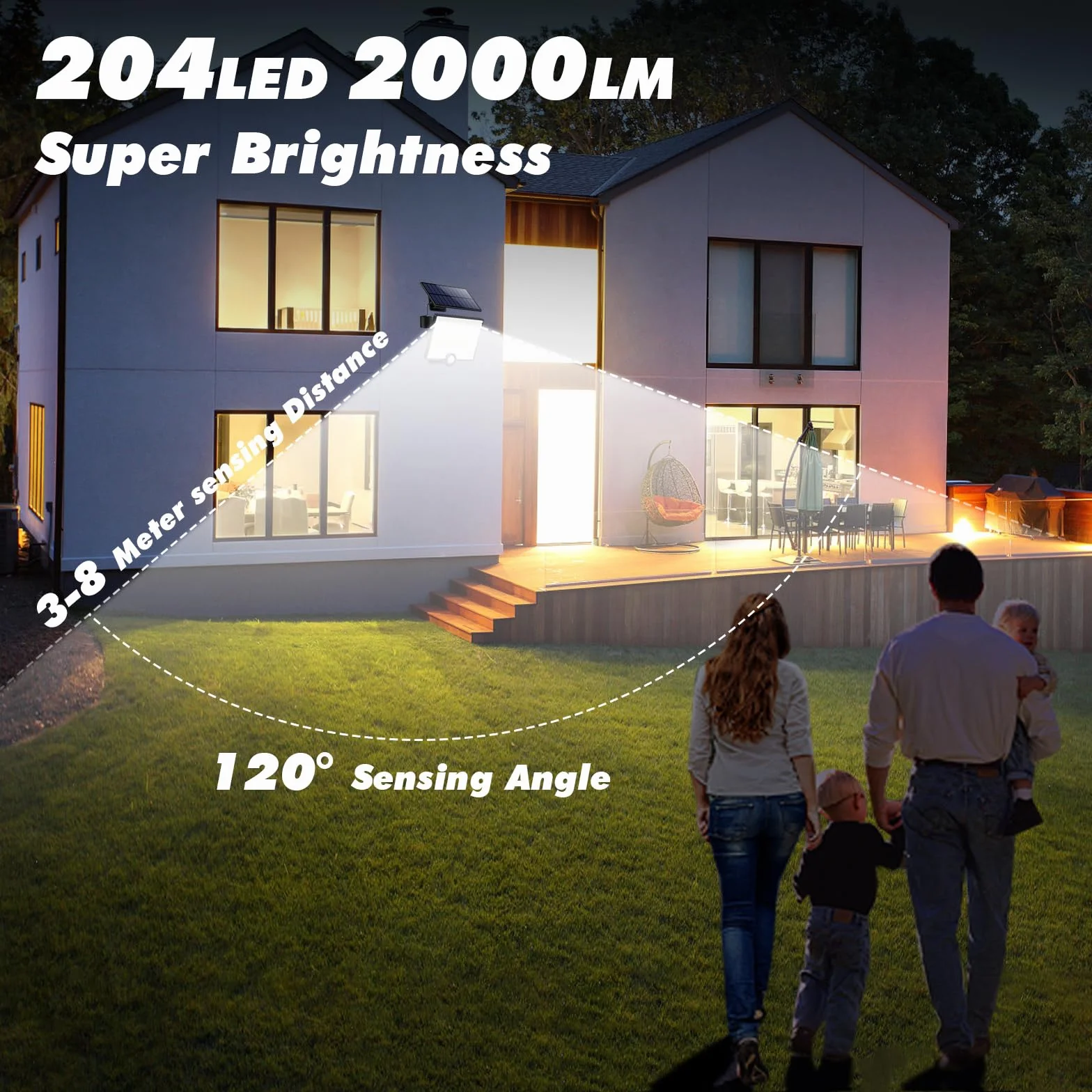 Zewnętrzna lampa solarna z czujnikiem ruchu 204 LED 2000 lm IP65 Reflektor LED z kablem 5 m
