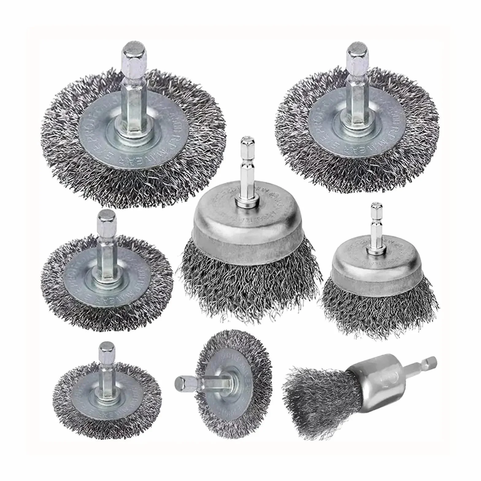 Carbon Steel Wire Brush Wheel Set 8 Piece 1/4 Inch Hex Shank Coarse Crimped