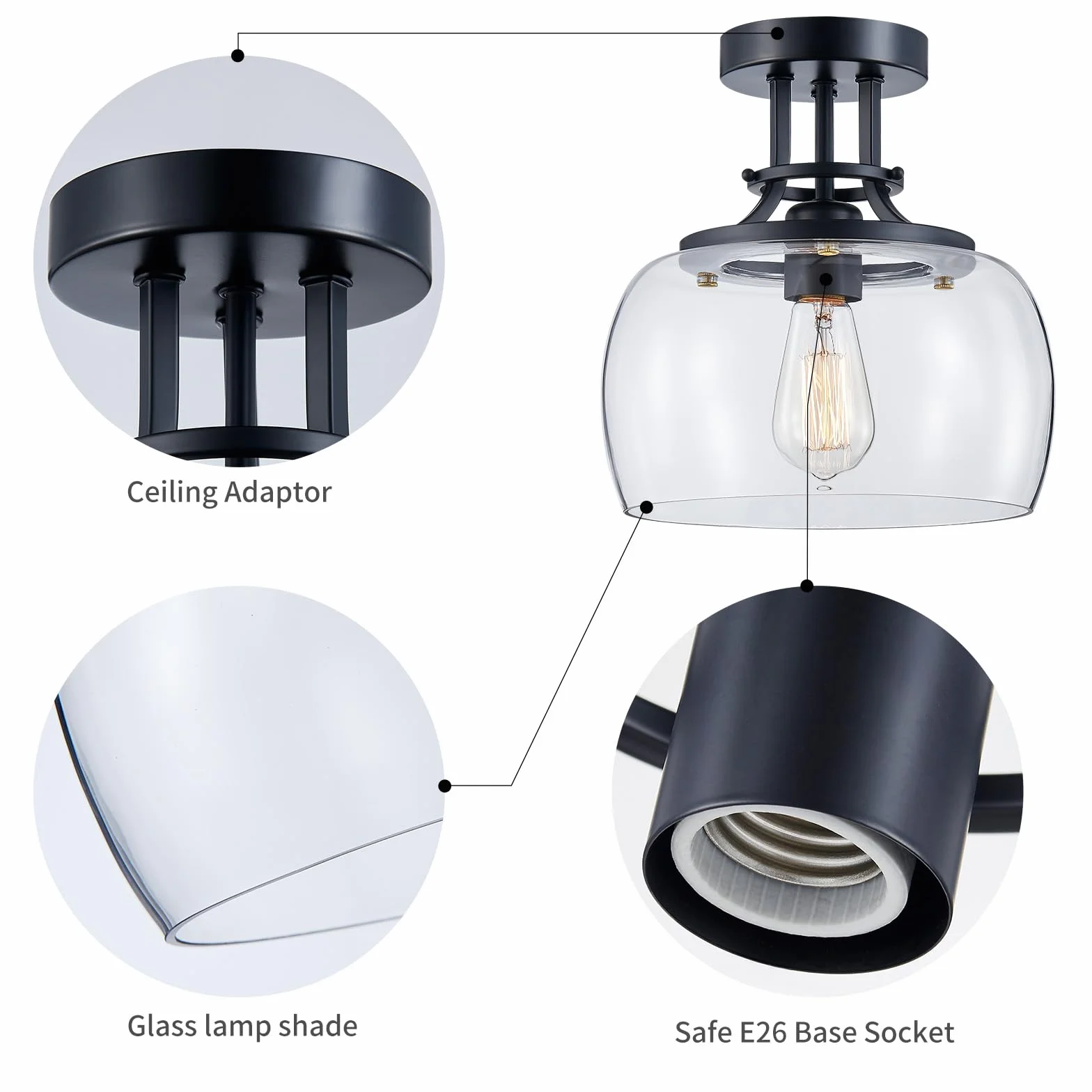 Rustykalny żyrandol przemysłowy okrągły sufit lampa LED z przezroczystymi szklanymi kloszami E27 czarny 25x25 cm