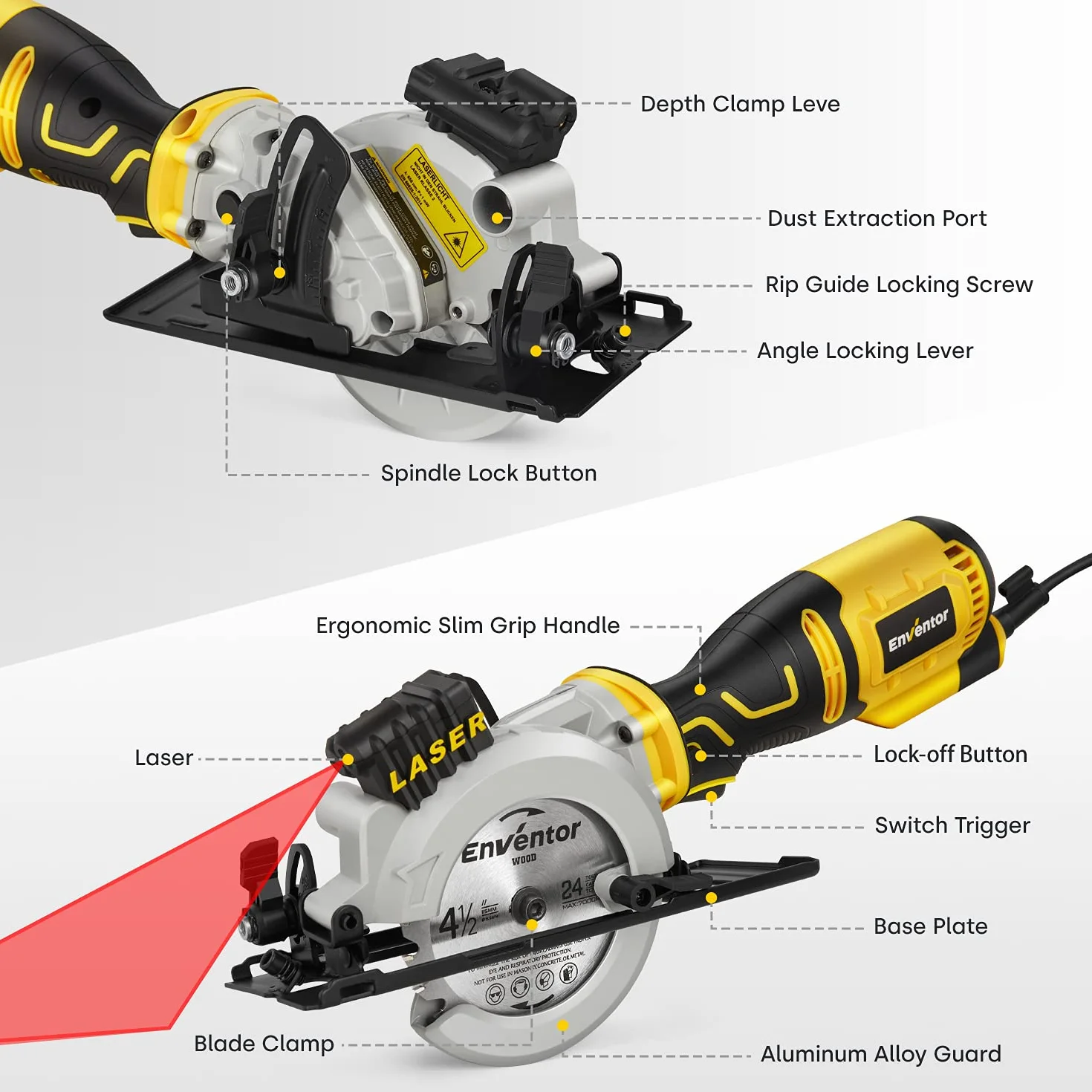 Mini pilarka tarczowa ENVENTOR 705W 3500 RPM prowadnica laserowa 6 ostrzy Ø115 mm cięcie 42.8 mm/90º 28 mm/45º