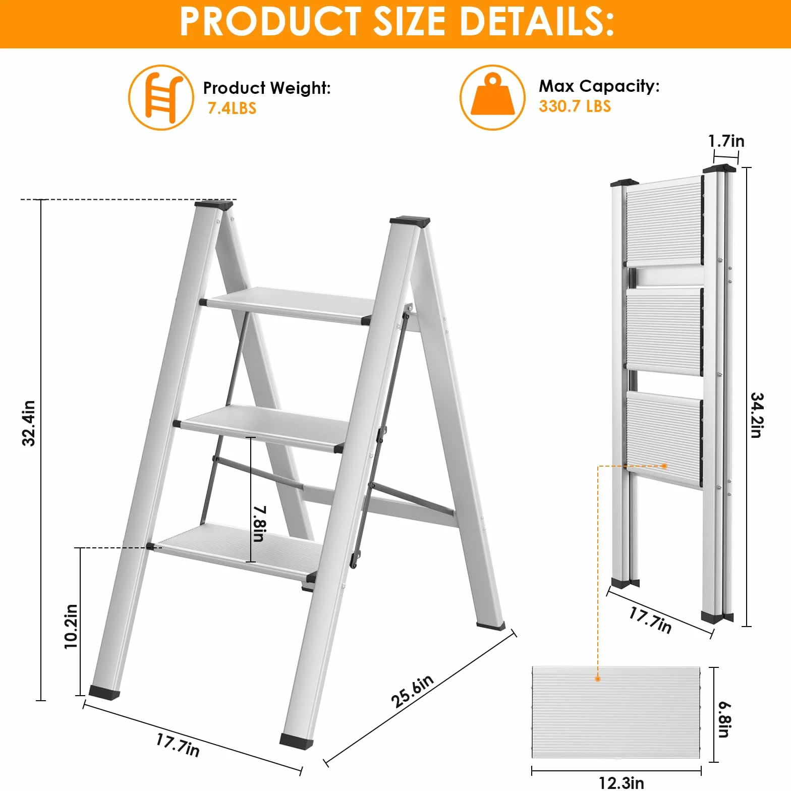 LIFERUN Aluminiowa drabina z 3 stopniami, składana, antypoślizgowa, stojąca, wielofunkcyjna, 150 kg, srebrna