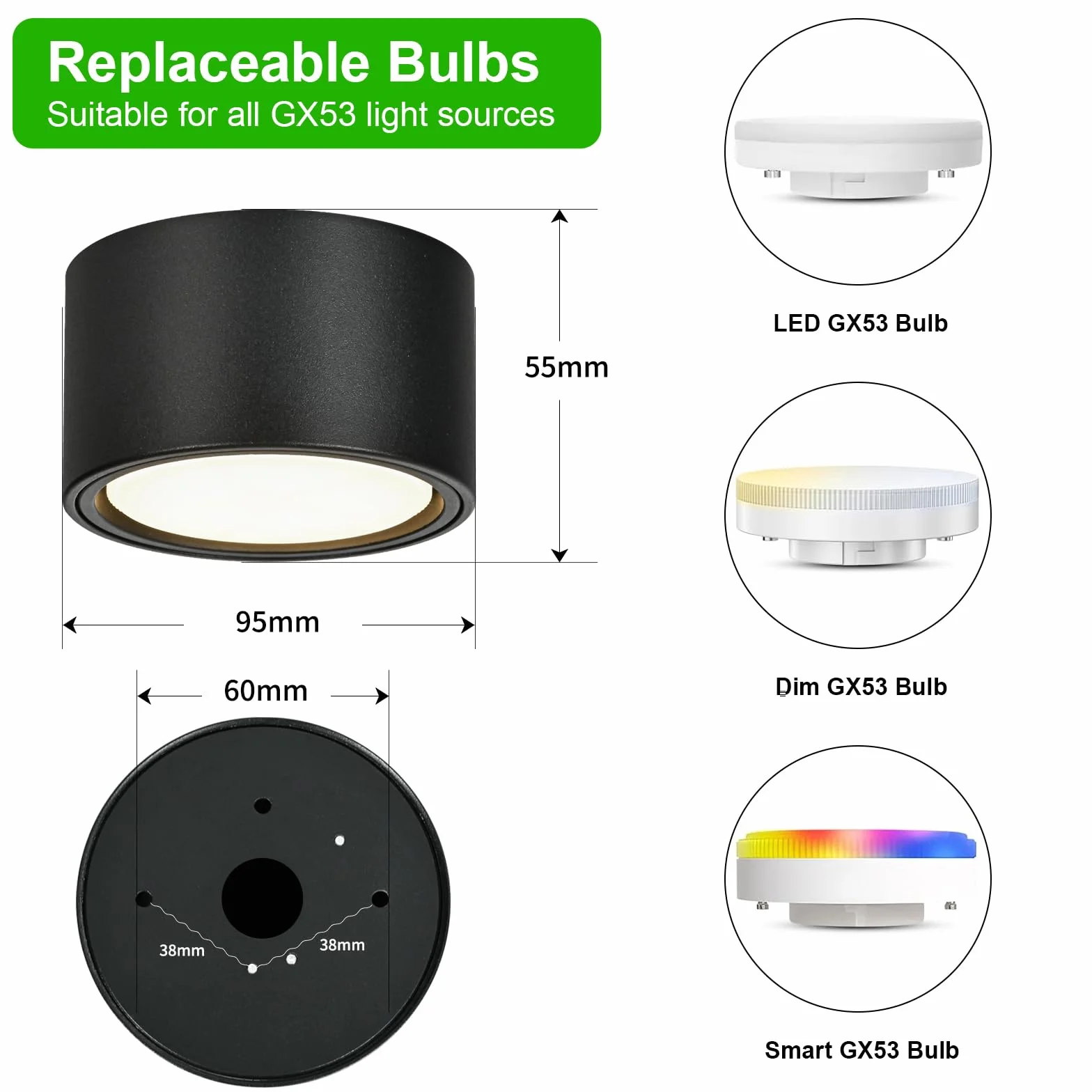 KYOTECH Lampa natynkowa LED czarna – reflektor podtynkowy płaski z 6 W LED GX53 230 V reflektor do zabudowy ciepła biel 3000 K spoty sufitowe natynkowe Ø 95 x 55 mm okrągła lampa sufitowa z aluminium