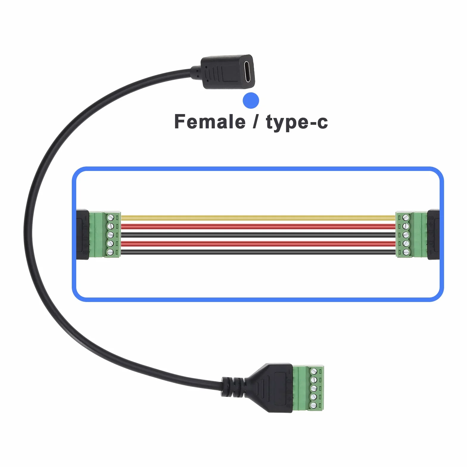 2 szt. Złącze zaciskowe USB C bezszwowe, wtykowe typu C, męskie/żeńskie, 5-pinowe listwy zaciskowe śrubowe, adapter do ładowania i przedłużanie transmisji danych