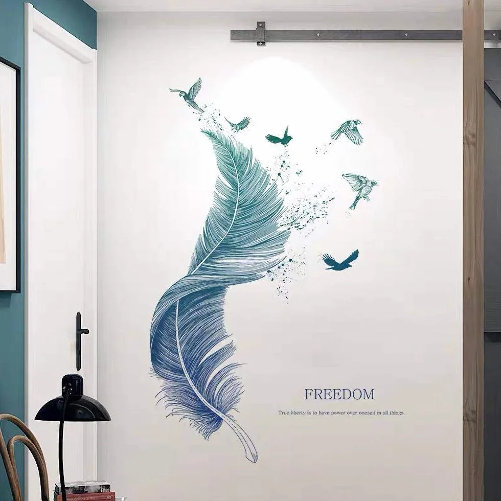 WandSticker4U® - Naklejka na ścianę pióro niebieski 124 × 72 cm, tatuaż ścienny, nowoczesny ptak
