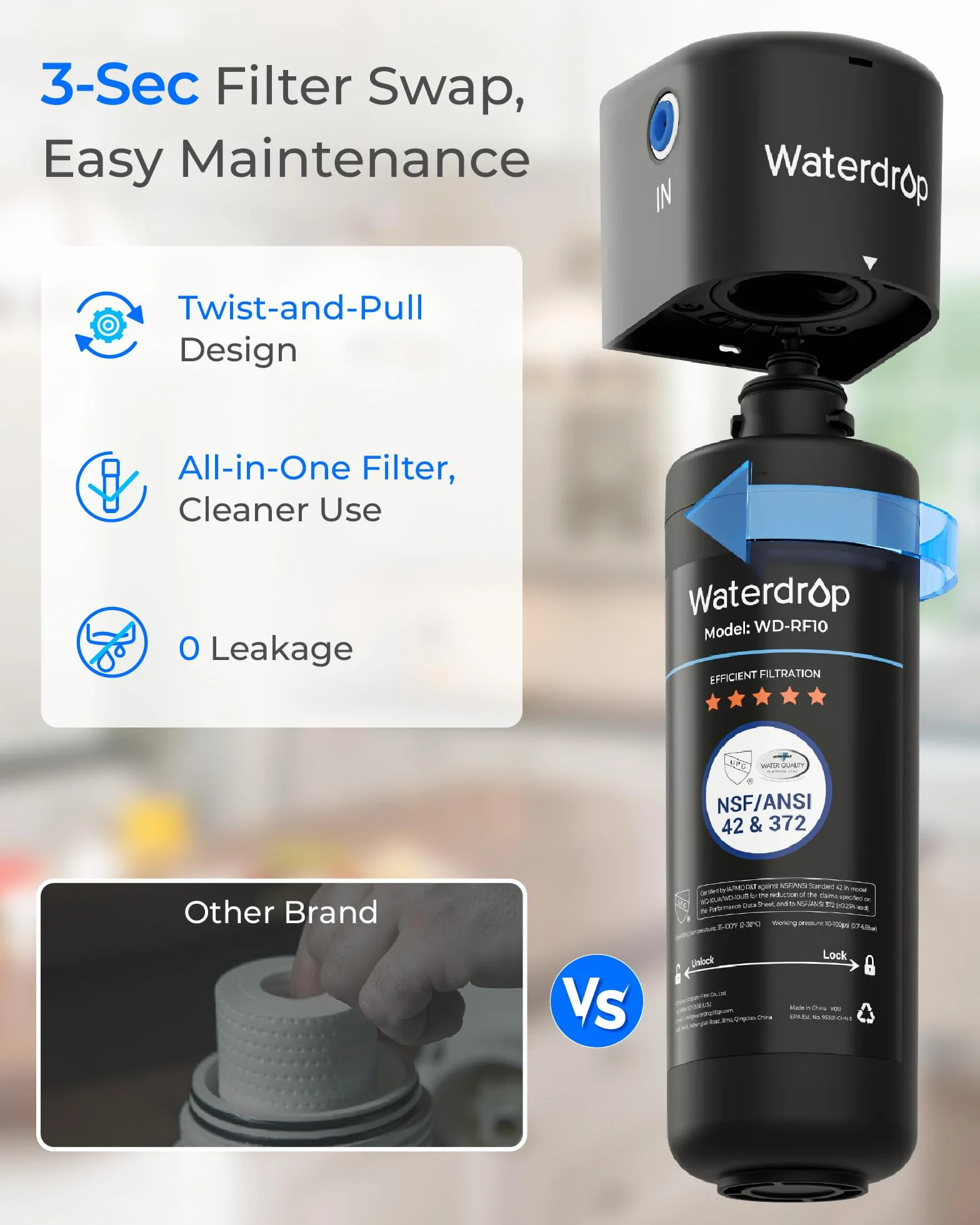 Waterdrop Filtr Wody WD-RF10 Certyfikat NSF/ANSI 42 Pojemność 30000 Litrów Zamiennik