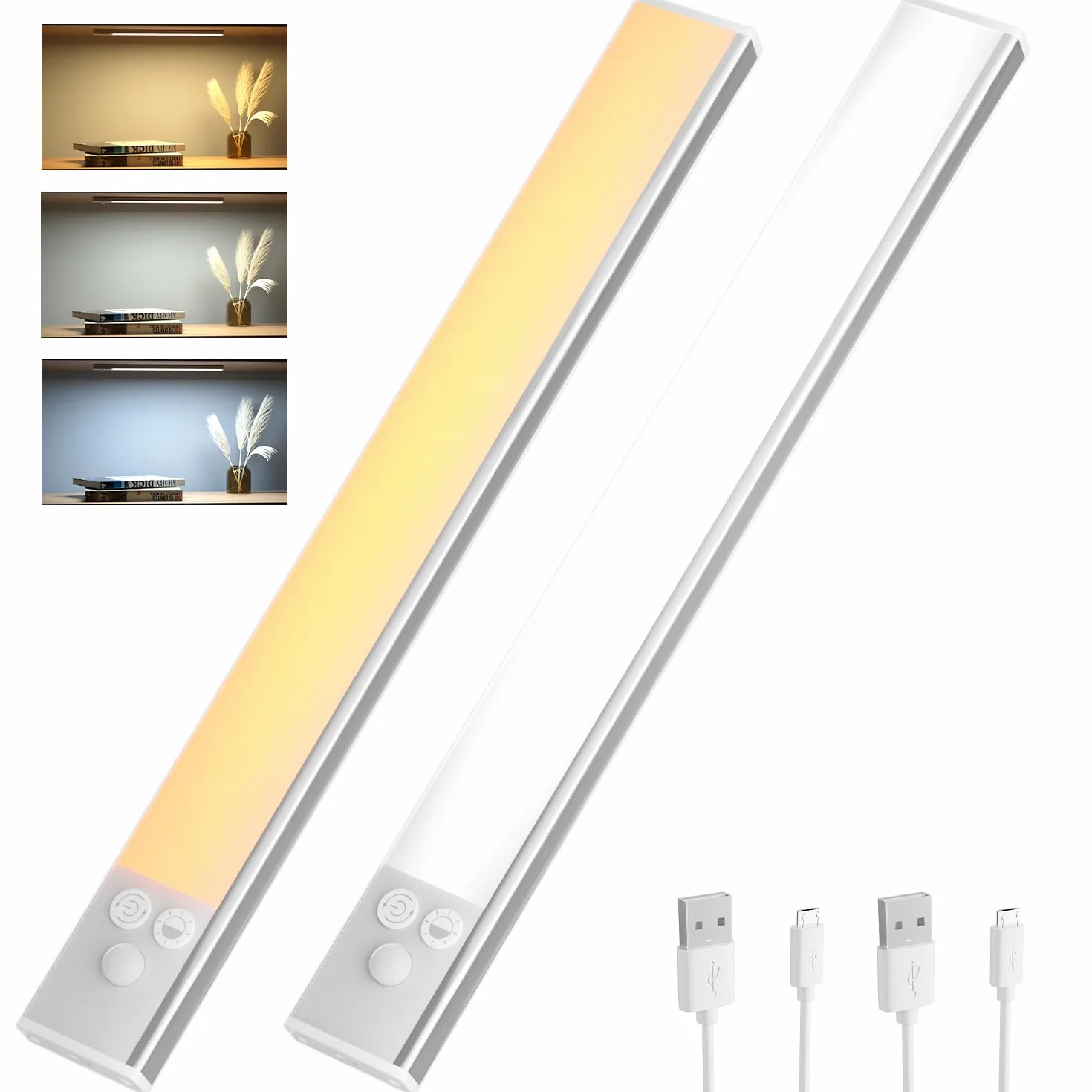 OUSFOT Oświetlenie Podszafkowe LED 30 cm Zestaw 2 z Czujnikiem Ruchu Ściemnialne Bezprzewodowe Ładowane USB Srebrne