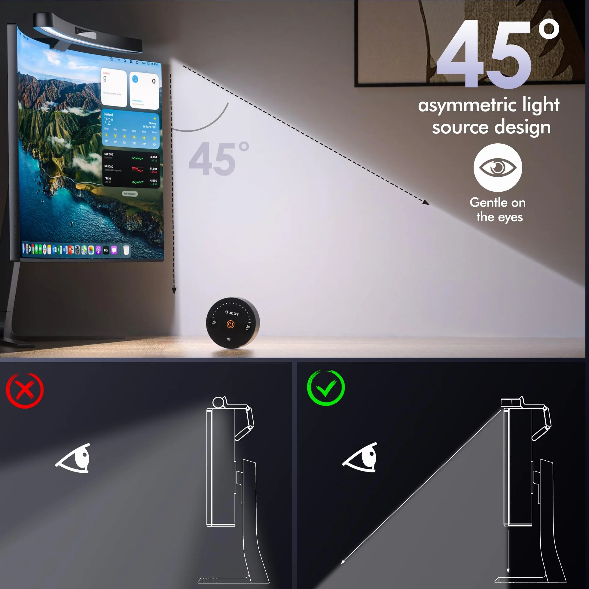 Quntis 45CM zakrzywiona lampa monitora z dotykowym sterowaniem i pilotem, automatyczne ściemnianie, ochrona oczu