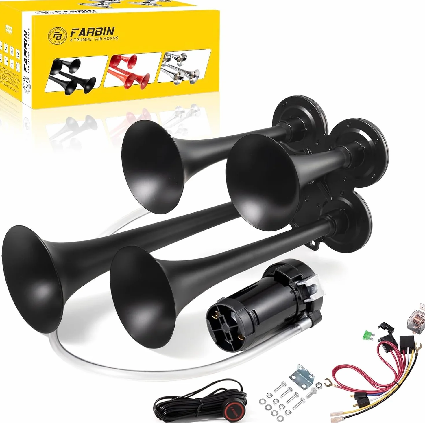 FARBIN Klakson pneumatyczny do ciężarówek, 150 dB, 12 V, 4 trąbki, klakson do ciężarówek, super mocny klakson pneumatyczny, z kompresorem do pojazdów, ciężarówek, jeepów, SUV-ów, łodzi