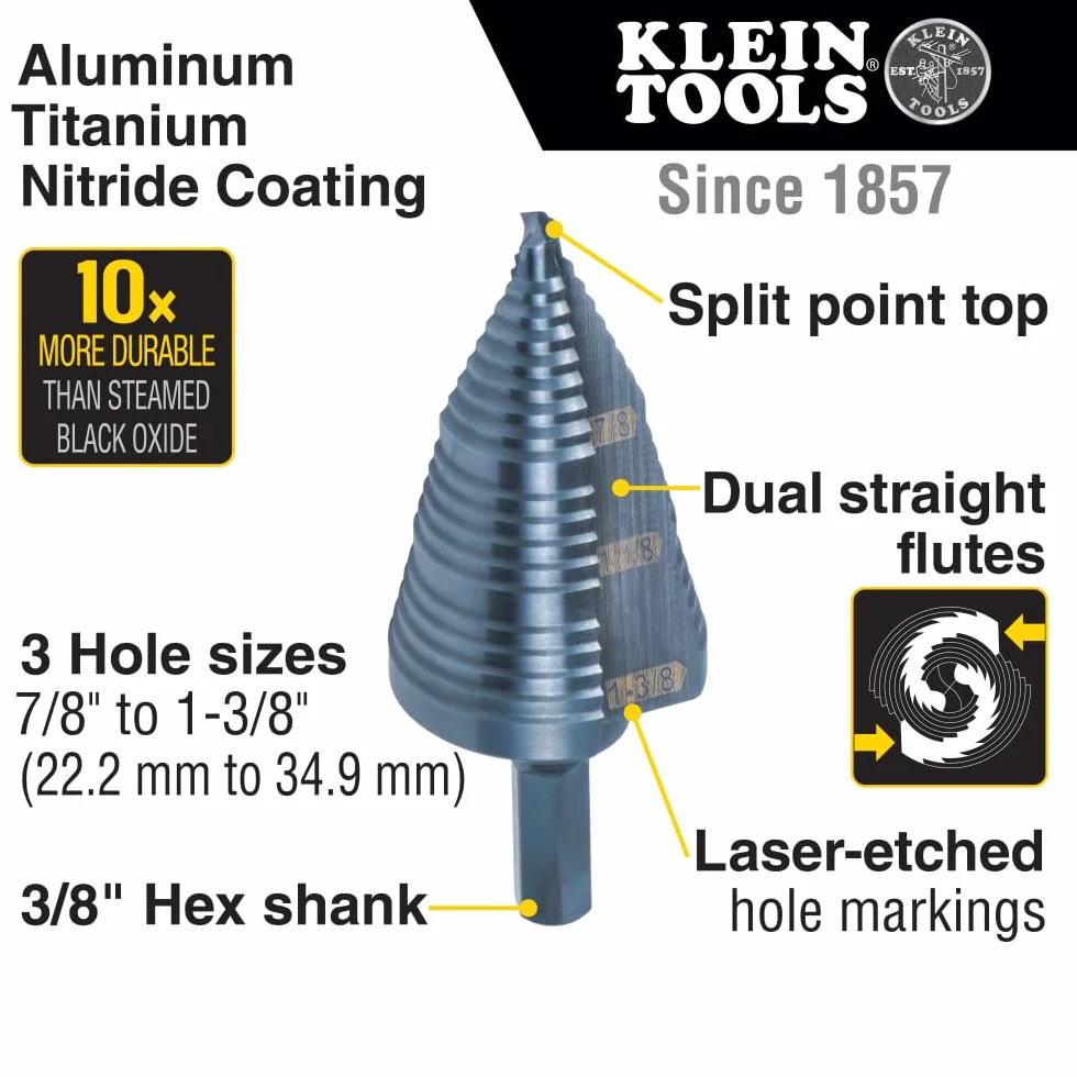 KLEIN TOOLS Wiertło stopniowe podwójne karbowane KTSB15 7/8 do 1-3/8 cala czarne