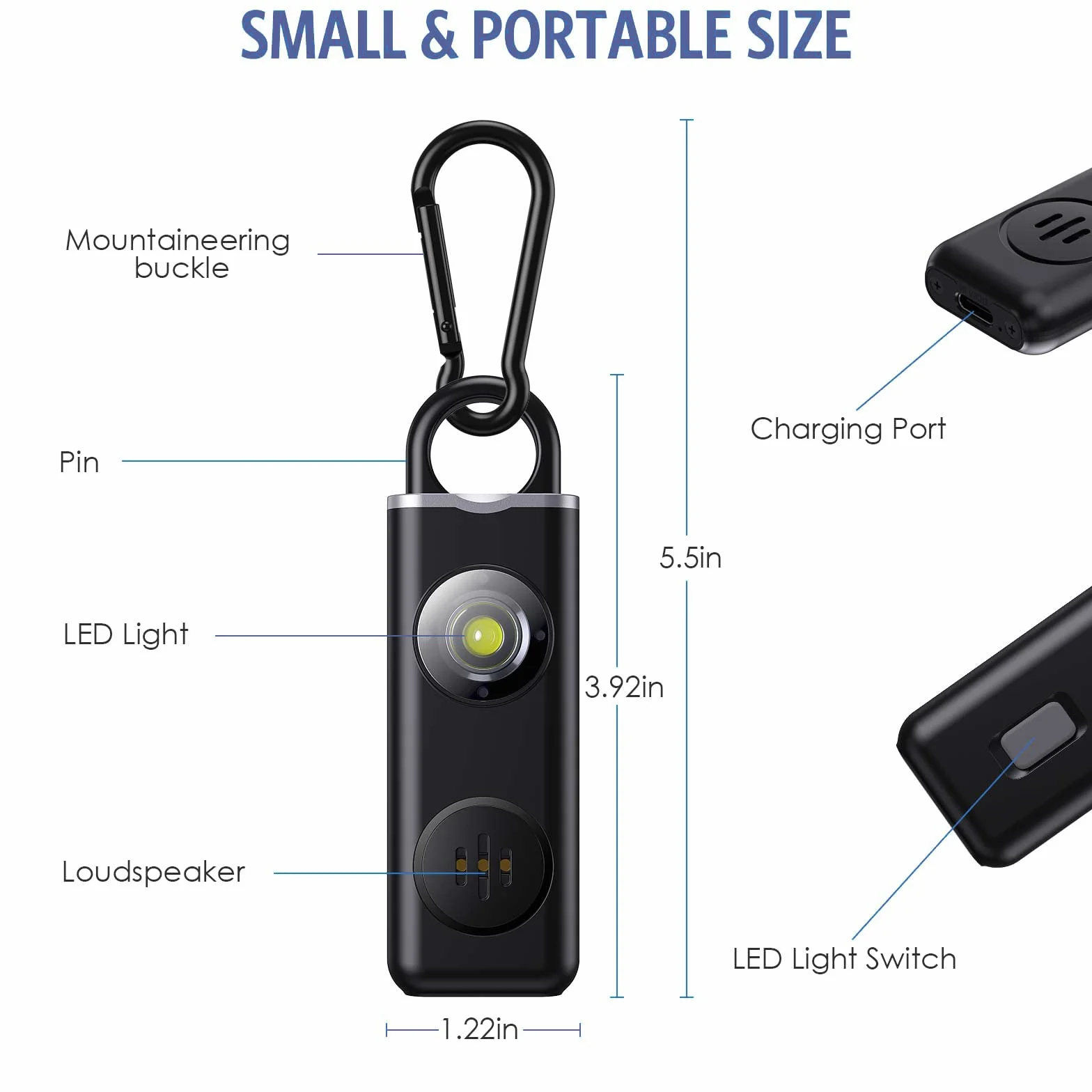 OQIMAX Ładowalny alarm bezpieczeństwa kluczyk z lampą LED Strobe, 130dB głośny alarm osobisty SOS dla kobiet, studentów, dzieci