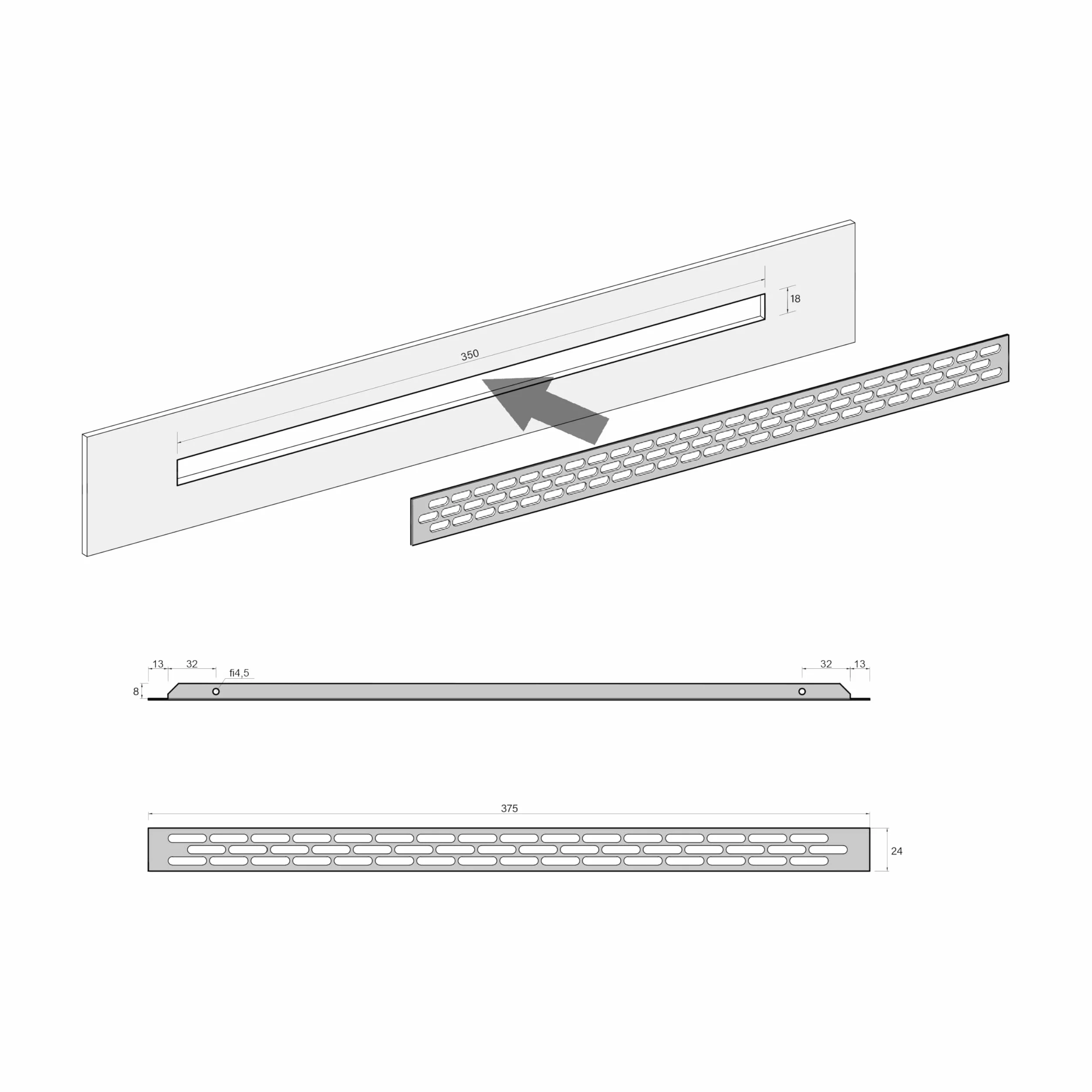 sossai® Aluminiowa kratka wentylacyjna Alucratis Prostokątna 37,5 x 2,4 cm Czarna