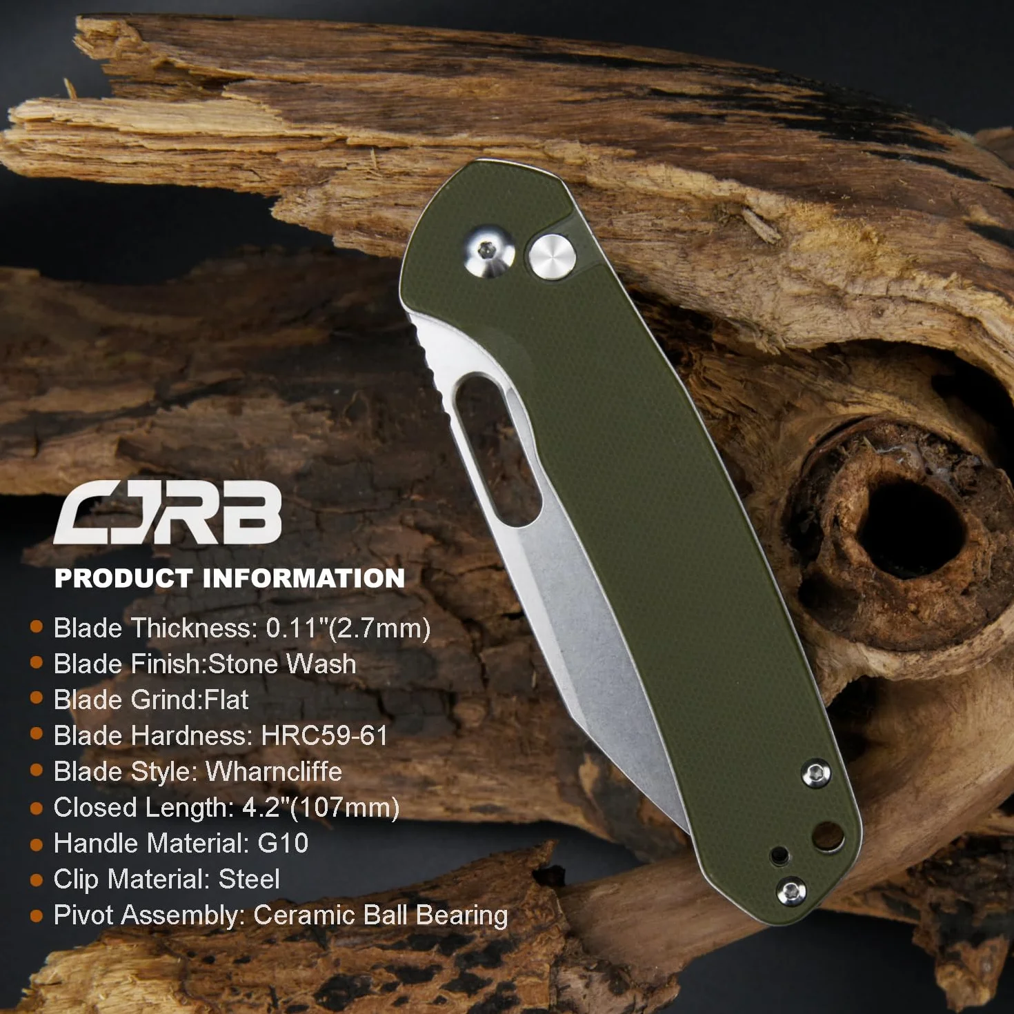 CJRB Pyrite-Alt J1925A składany scyzoryk 7 cm ostrze AR-RPM9 Wharncliffe zielony uchwyt G10 zapięcie na guziki