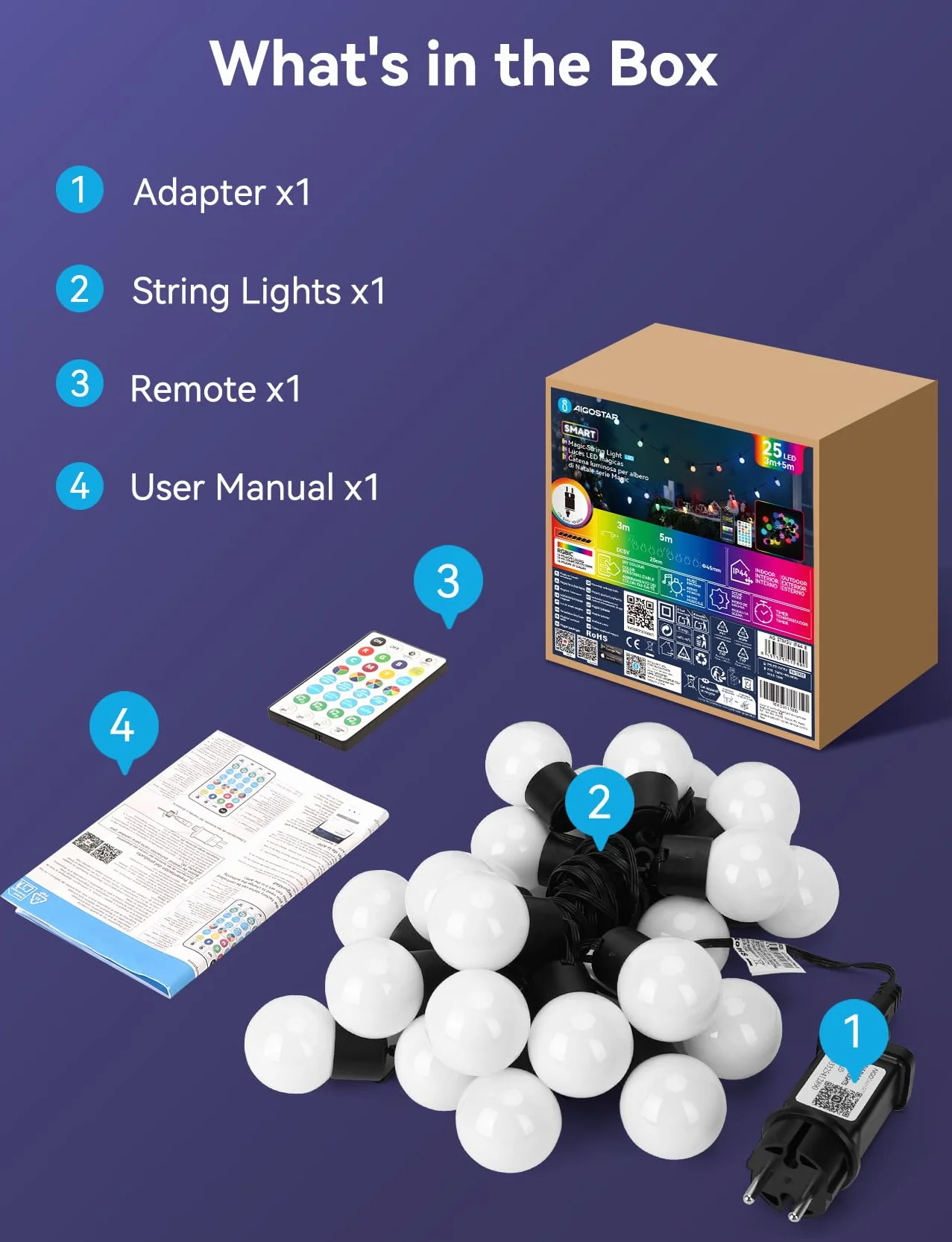 Aigostar Smart RGBIC Girlanda Ogrodowa 5 Metrów, 25 LED G45 Lampy, Sterowanie Segmentami Koloru, Synchronizacja z Muzyką, 39 Dynamicznych Trybów, IP44 Wodoszczelna do Wnętrza i Ogrodu