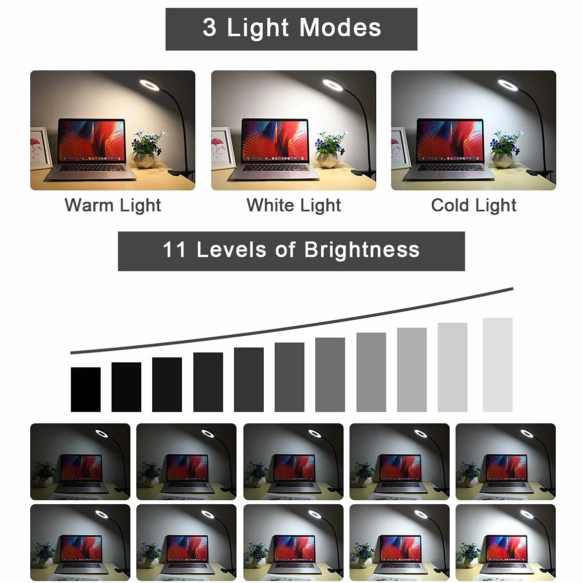 Lampa biurkowa URAQT Clip USB z 12 poziomami jasności, 3 tryby oświetlenia, lampka nocna na gęsiej szyi, ochrona oczu