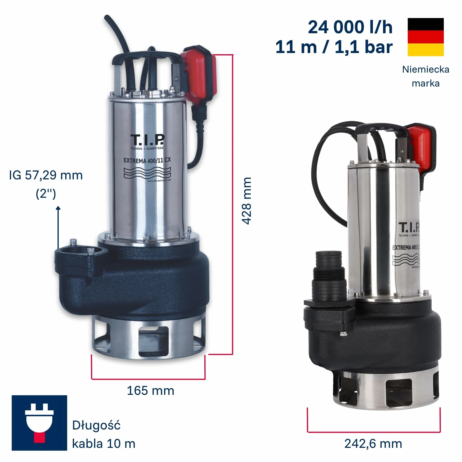 T.I.P. Extrema 400/11 CX Pompa zatapialna do wody brudnej 24 000 l/h stal nierdzewna