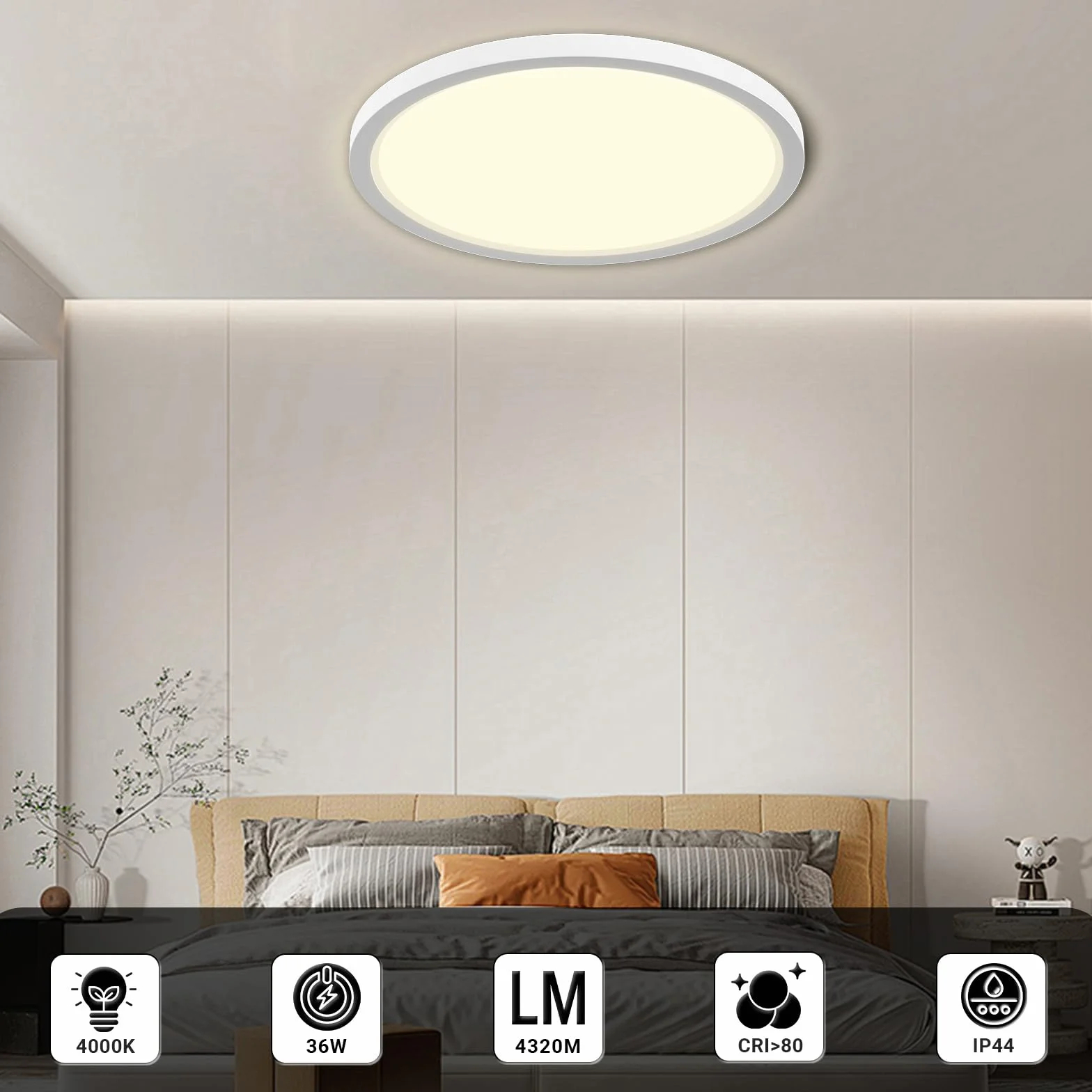 LQWELL® Lampa sufitowa LED, IP44 wodoodporna lampa łazienkowa okrągła płaska 36W 4000K 4320LM nowoczesna prosta lampa cienka do salonu sypialni kuchni biura, 400 * 24mm