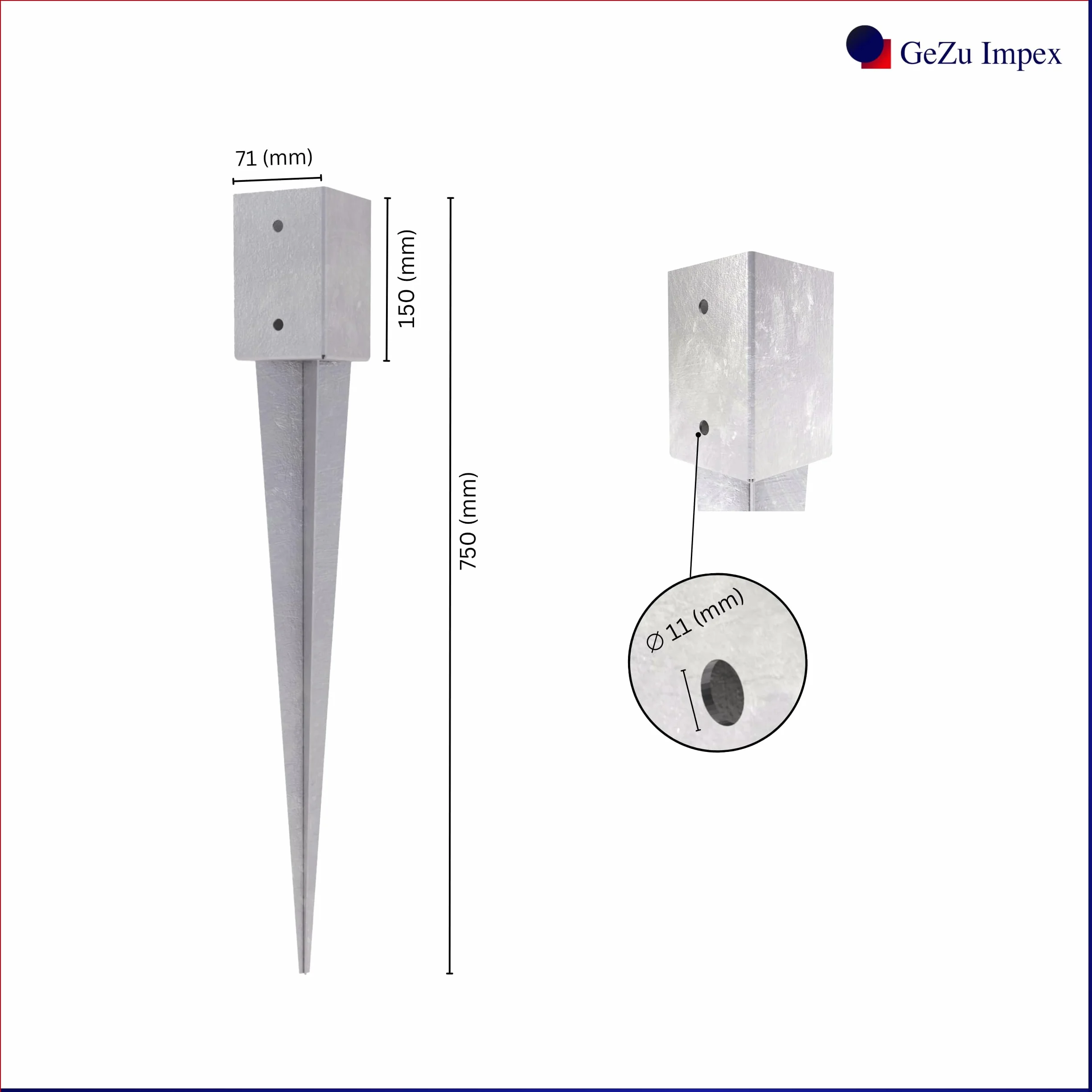 GeZu Impex® Wspornik słupkowy 71 x 71 x 750 mm ocynkowany ogniowo uchwyt ogrodzeniowy kotwica tuleja uziemiająca