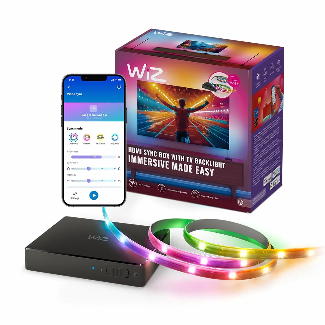 WiZ HDMI Sync Box z taśmą LED do TV, Synchronizuje światło z filmami, HDMI 2.0 4K 60 Hz, RGBIC 75-85 cali, Sterowanie Aplikacją/Głosowe, Google Alexa