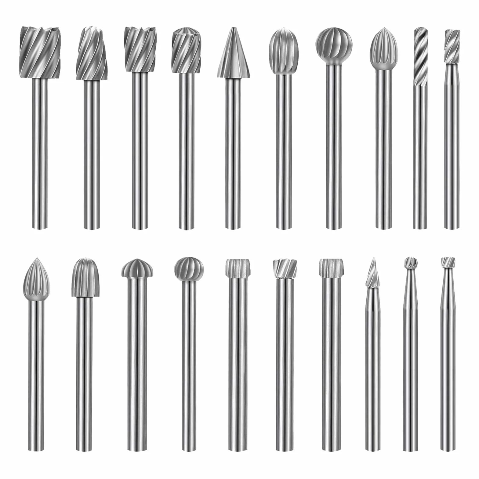 Zestaw 20 frezów obrotowych HSS 3 mm do Dremel, narzędzia obrotowe do rzeźbienia, grawerowania, szlifowania