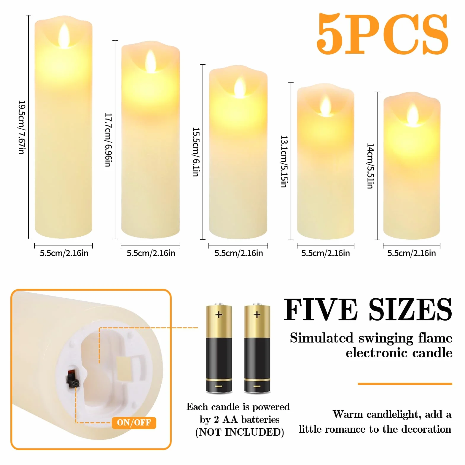 Świece LED Bezpłomieniowe 5-Pack Zasilane Bateryjnie z Pilotem i 24h Czasomierzem Prawdziwy Wosk