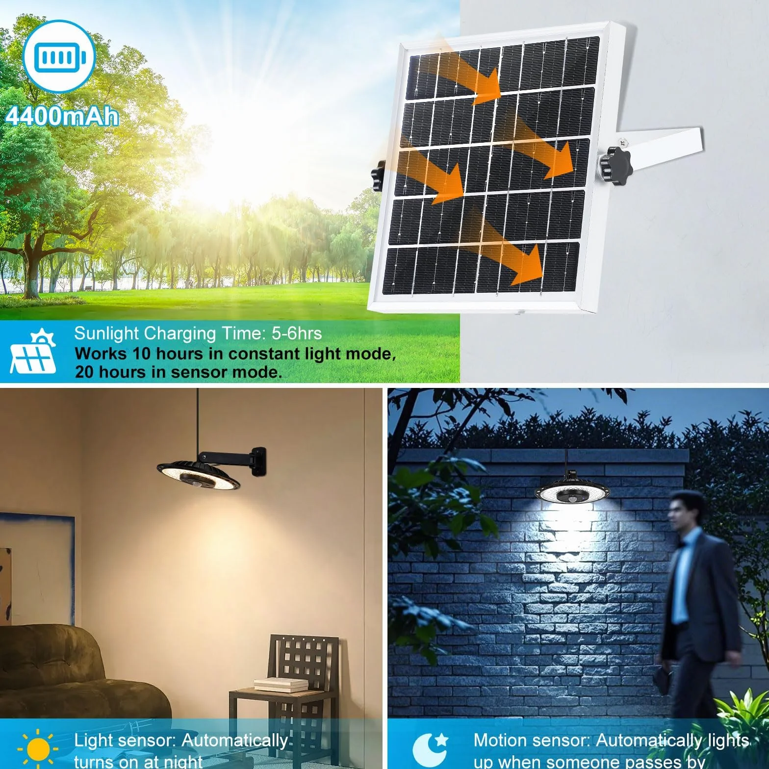 ENCOFT Solarna lampa UFO z pilotem, 3 tryby kolorów, czujnik ruchu, bezprzewodowa lampa bezpieczeństwa na zewnątrz z panelem słonecznym