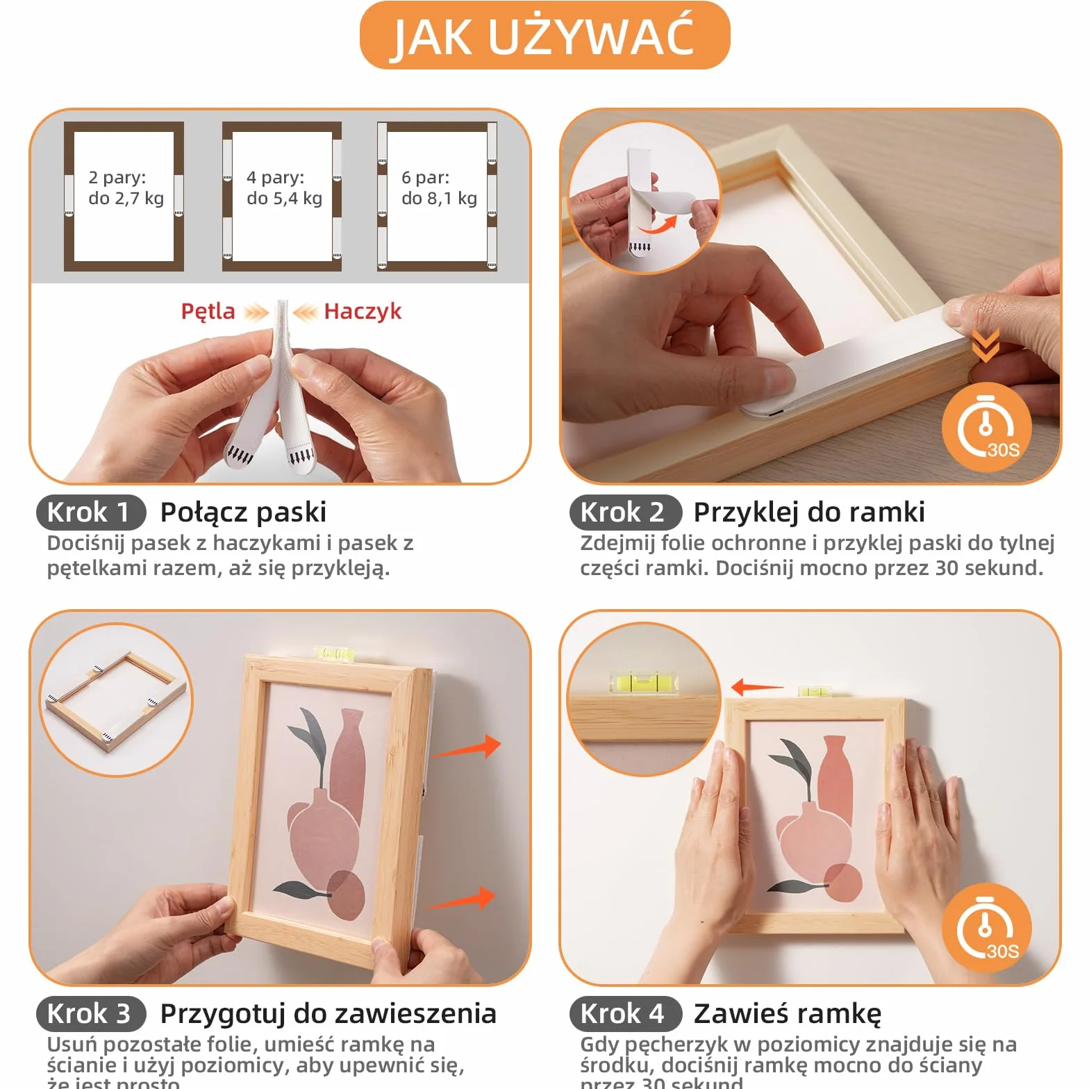 Trilancer Taśmy Montażowe do Obrazów z Poziomicą, 30 Par – Mocne Trzymanie, Bez Gwoździ i Narzędzi, Regulowane i Łatwe do Usunięcia, Samoprzylepne Haczyki Ścienne Bez Uszkodzeń na Gładkie Powierzchnie