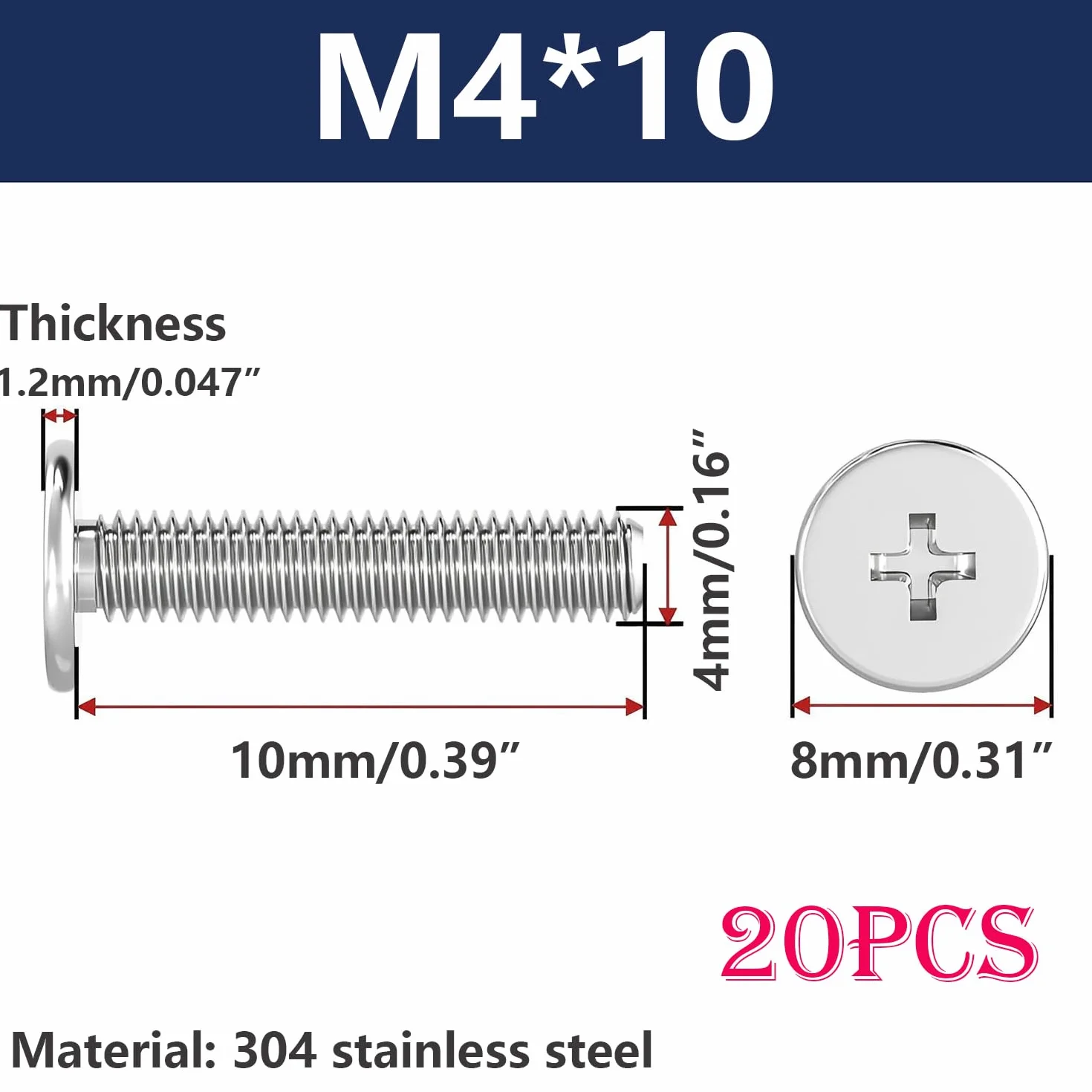 20 kawałki cienkie śruby maszynowe z płaską głowicą M4x10mm