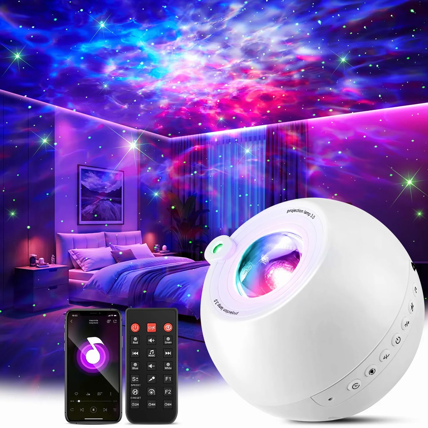 One Fire Projektor gwiaździstego nieba 15 kolorów 15 muzyka Bluetooth pilot zdalnego sterowania lampka nocna dla dzieci