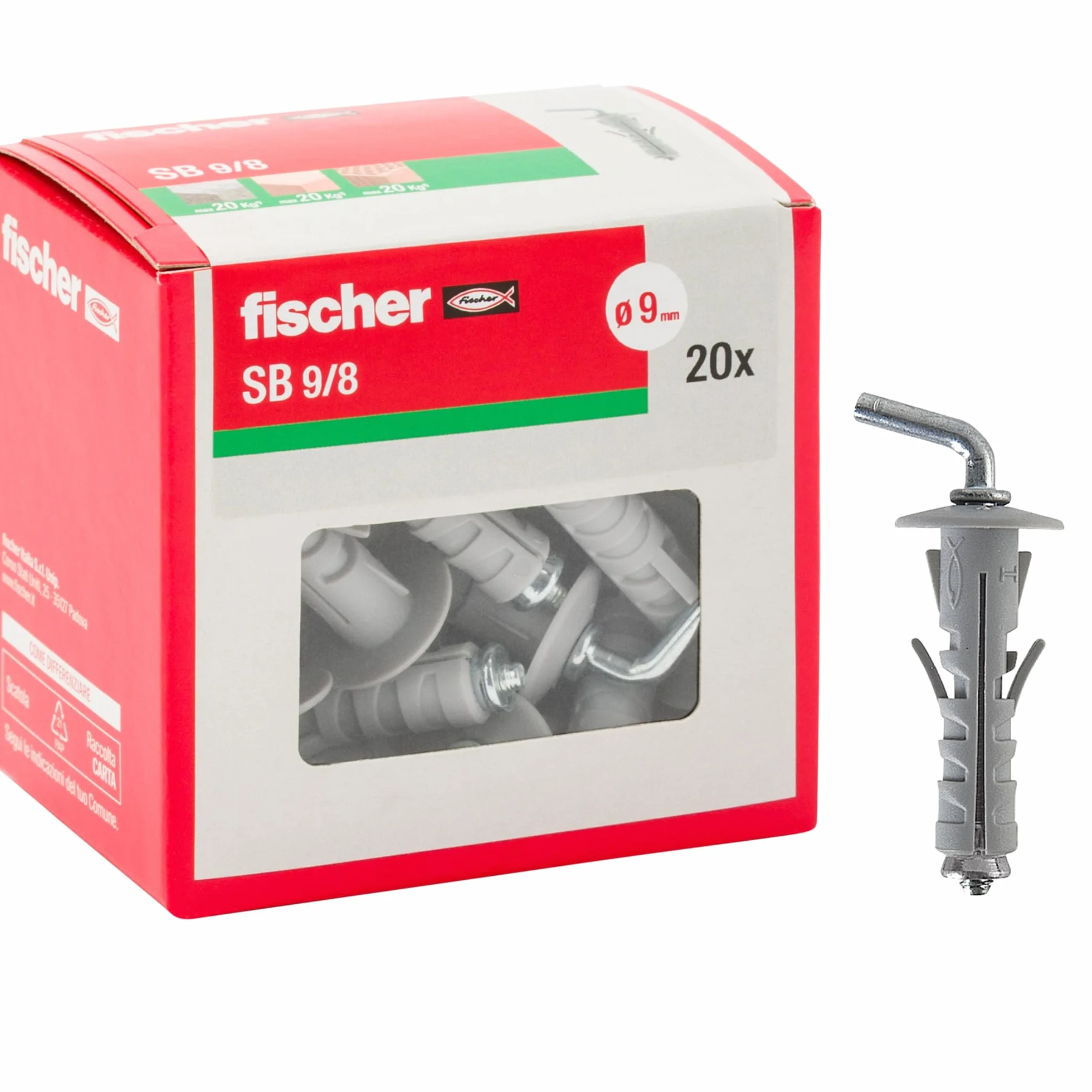 Fischer 20 kołków z krótkim hakiem SB 9, uniwersalne do mocowania na ścianie i betonie