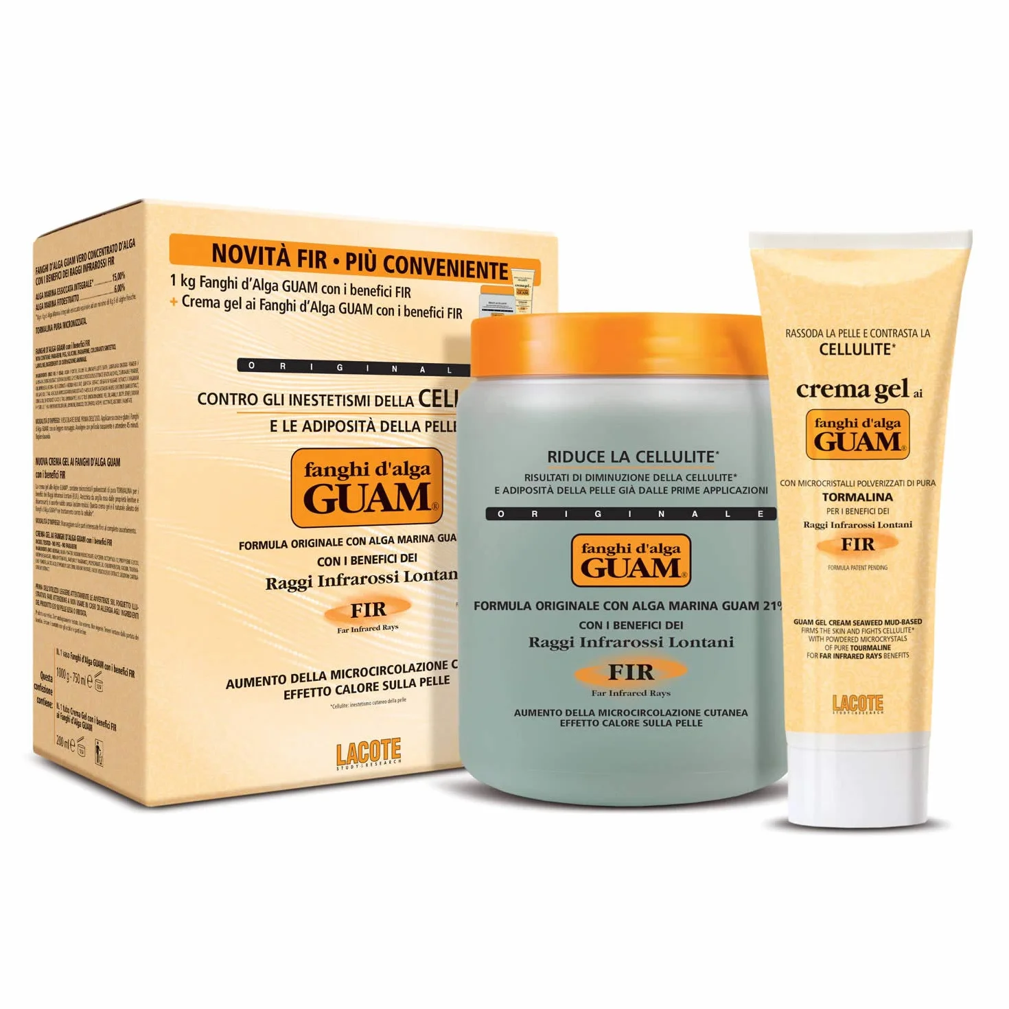 GUAM Zestaw do usuwania cellulitu, zestaw do leczenia cellulitu, pakiet 2 w 1: Hot Seaweed Mud Body Wrap z turmalinem, FIR 1 kg + krem do napinania skóry, FIR 250 ml