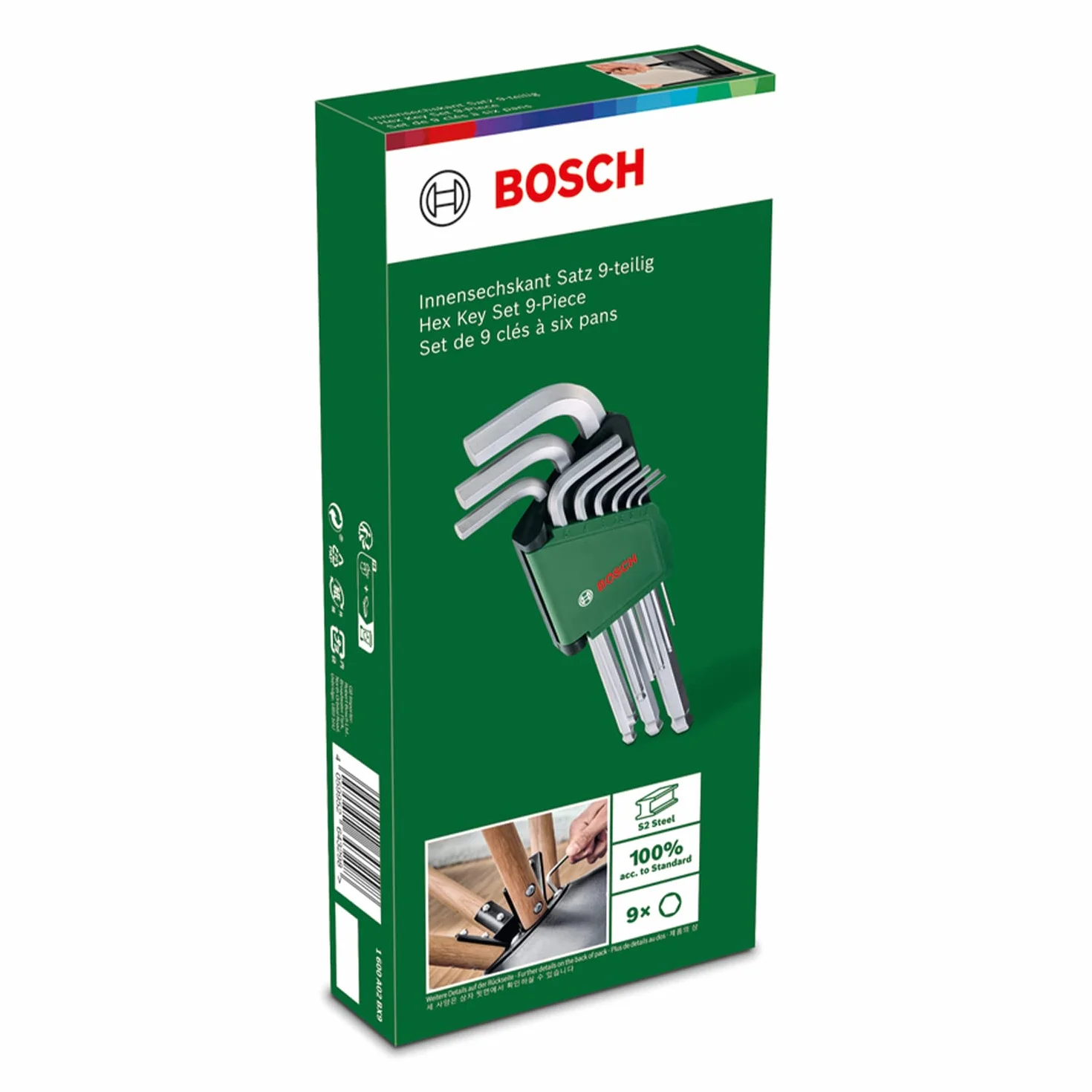 Bosch zestaw kluczy sześciokątnych 9-częściowy stal S2 1,5-10 mm długie ramię kuliste główki
