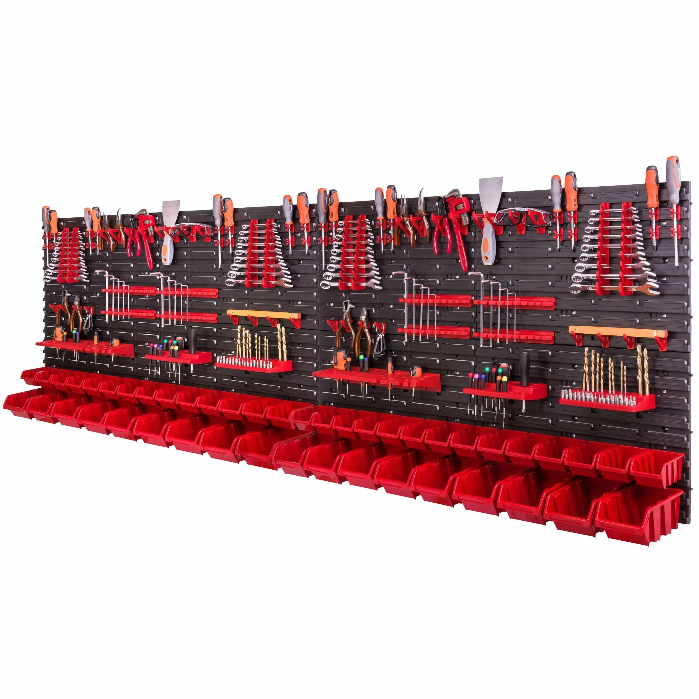 Tablica narzędziowa ścianka warsztatowa 230 x 78 cm czerwone pojemniki 46 sztuk panele półki uchwyty na narzędzia