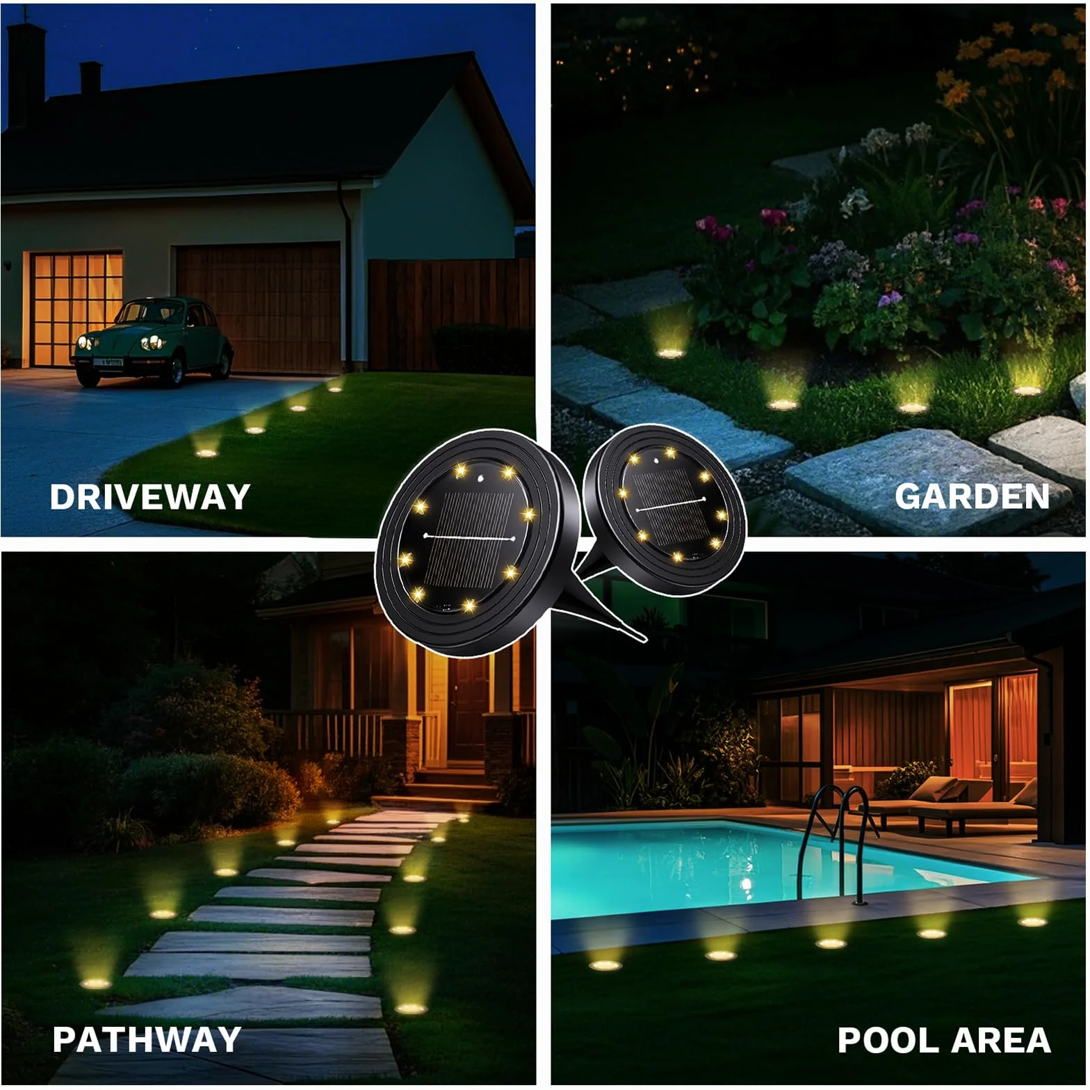 NIBSHOOM 8 sztuk zewnętrznych lamp solarnych IP68 z 8 LED, ciepłe białe do ogrodu