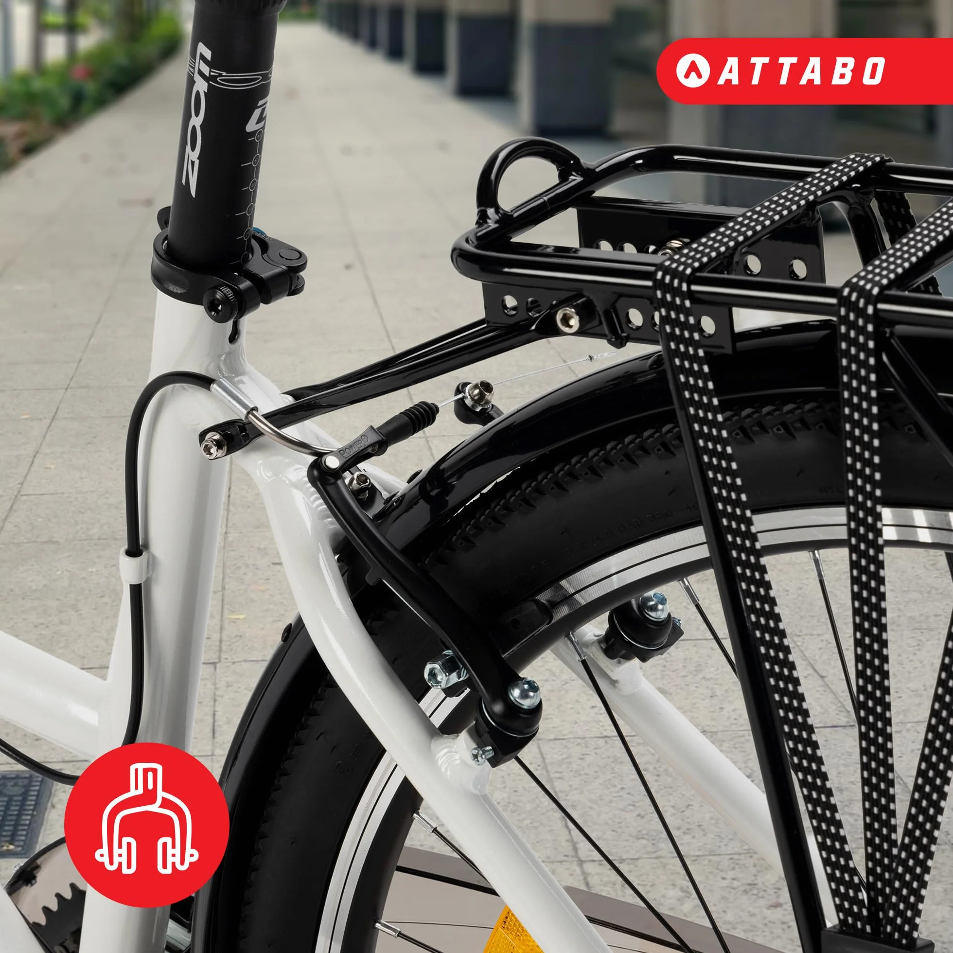 ATTABO Rower trekkingowy damski z ramą 17"-19", ergonomiczna kierownica, hamulce V-Brake, wytrzymały, biały rower z kołami 28", z niskim bagażnikiem, dzwonek rowerowy i odblaskami