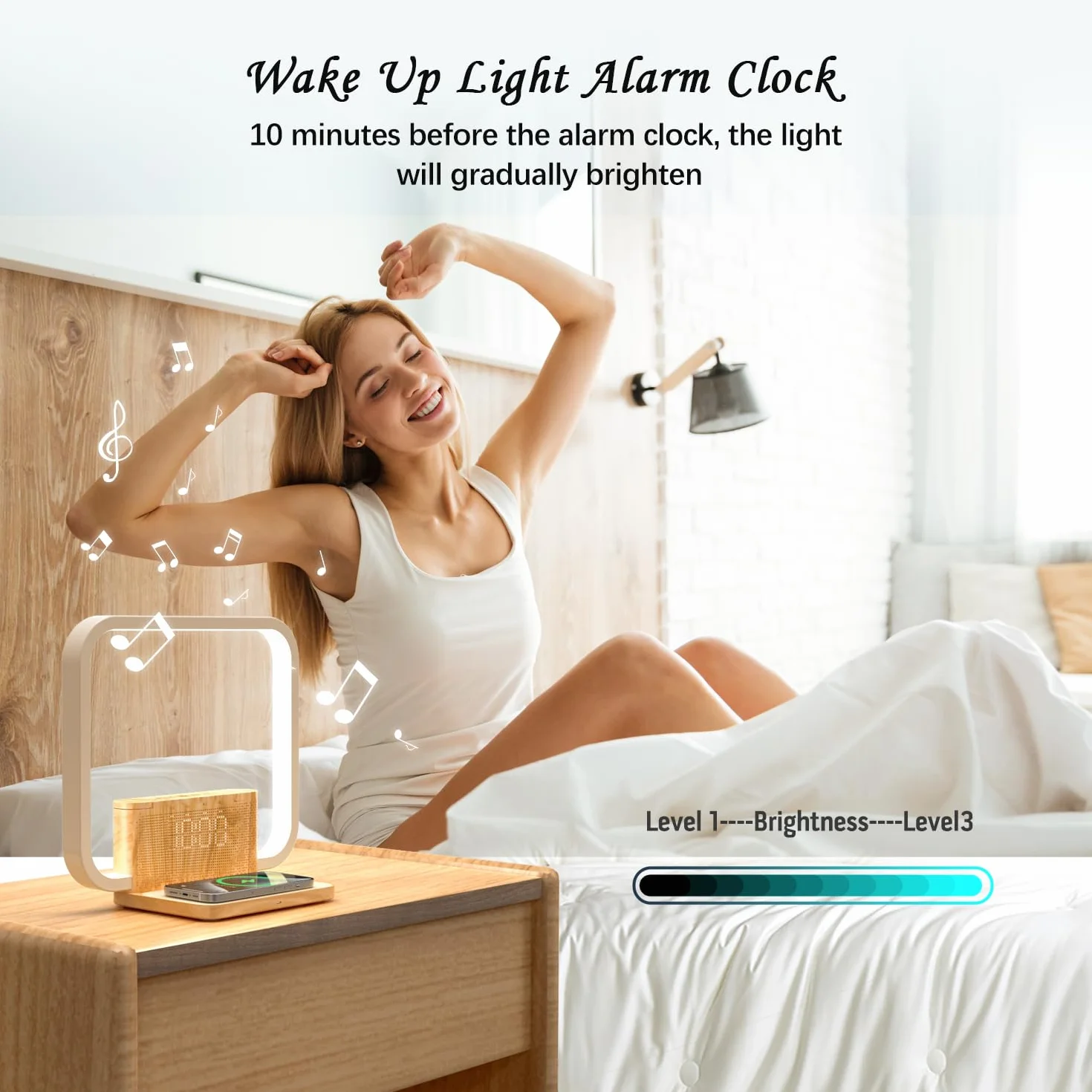 Budzik wschodu słońca, światło budzenia, z 2 alarmami, 10 naturalnych dźwięków z 12 głośnościami, drzemka 9 min, lampka nocna do sypialni, regulowany ekran czasu (kolor drewna 2)