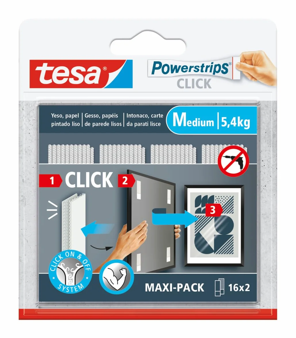 tesa Powerstrips CLICK samoprzylepne haczyki do zawieszania ramek i dekoracji ściennych, system zatrzasków ON i OFF, średni 16 x 2 szt