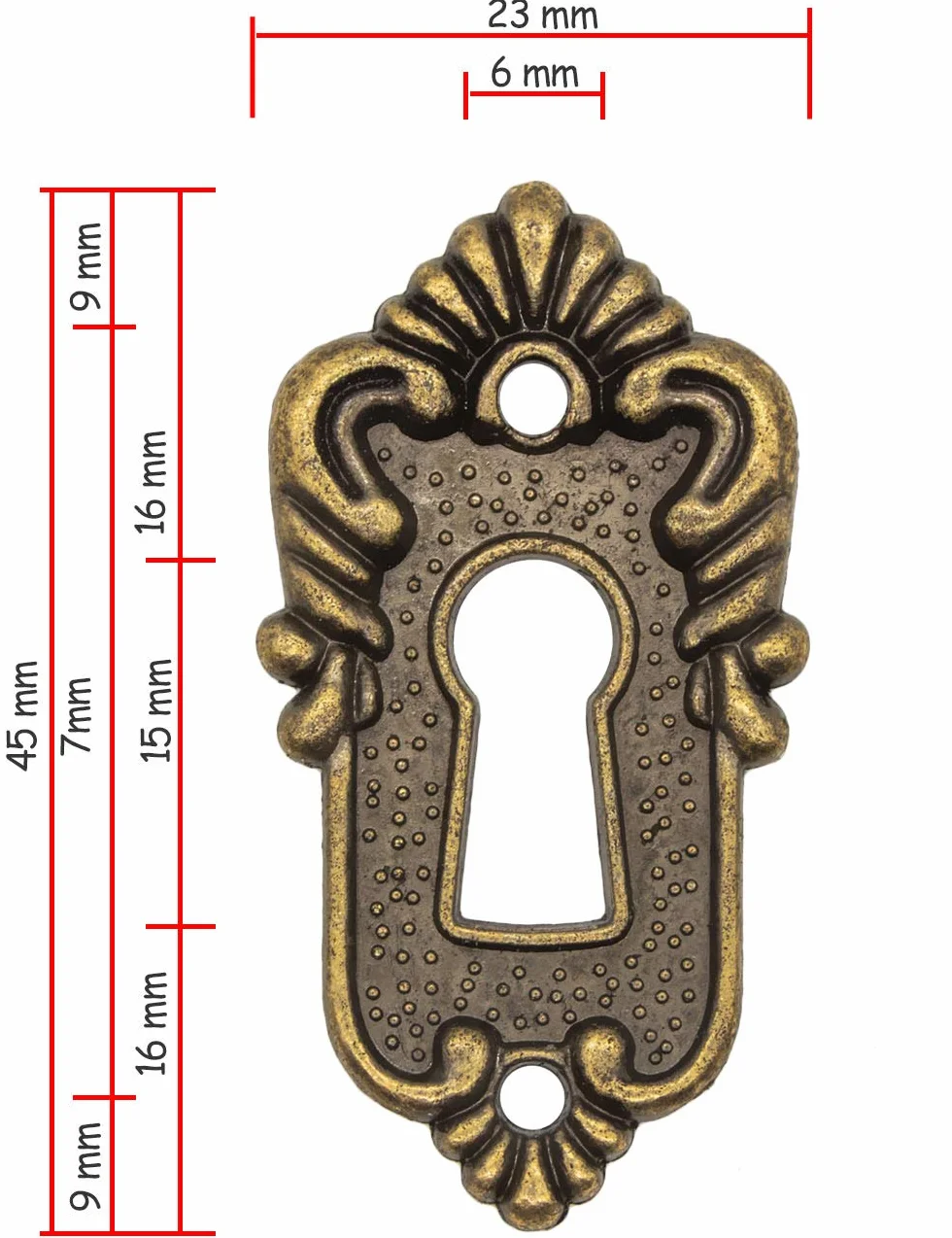 FUXXER® 6 x zabytkowe tabliczki na klucze, osłona dziurki od klucza, mosiądz vintage, dekoracyjne, 45 x 23 mm, brąz