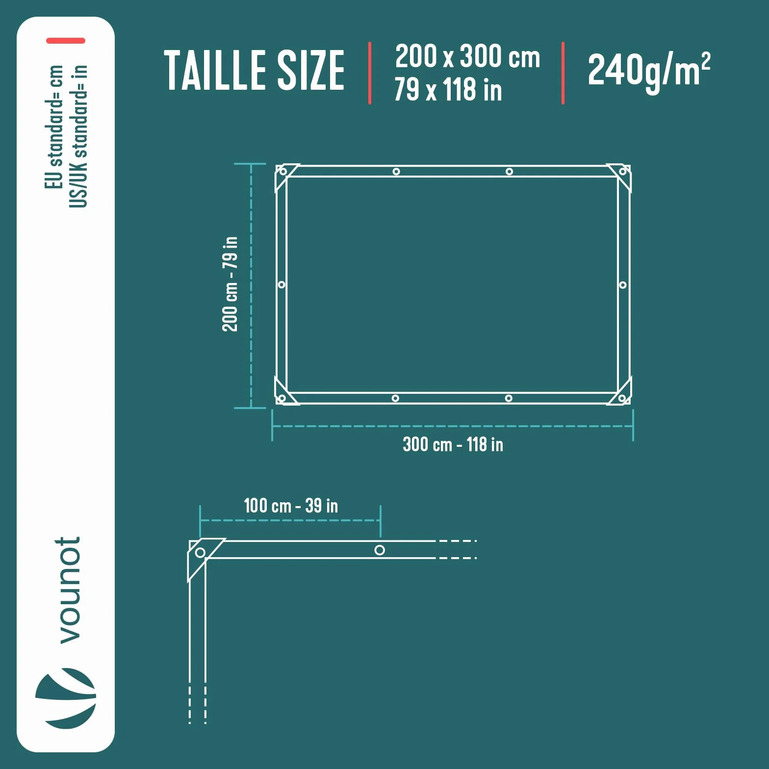 VOUNOT Wodoodporna plandeka zewnętrzna 2x3 m, wzmocniona markiza PE 240 g/m², ochrona przed UV, oczka ze stali nierdzewnej