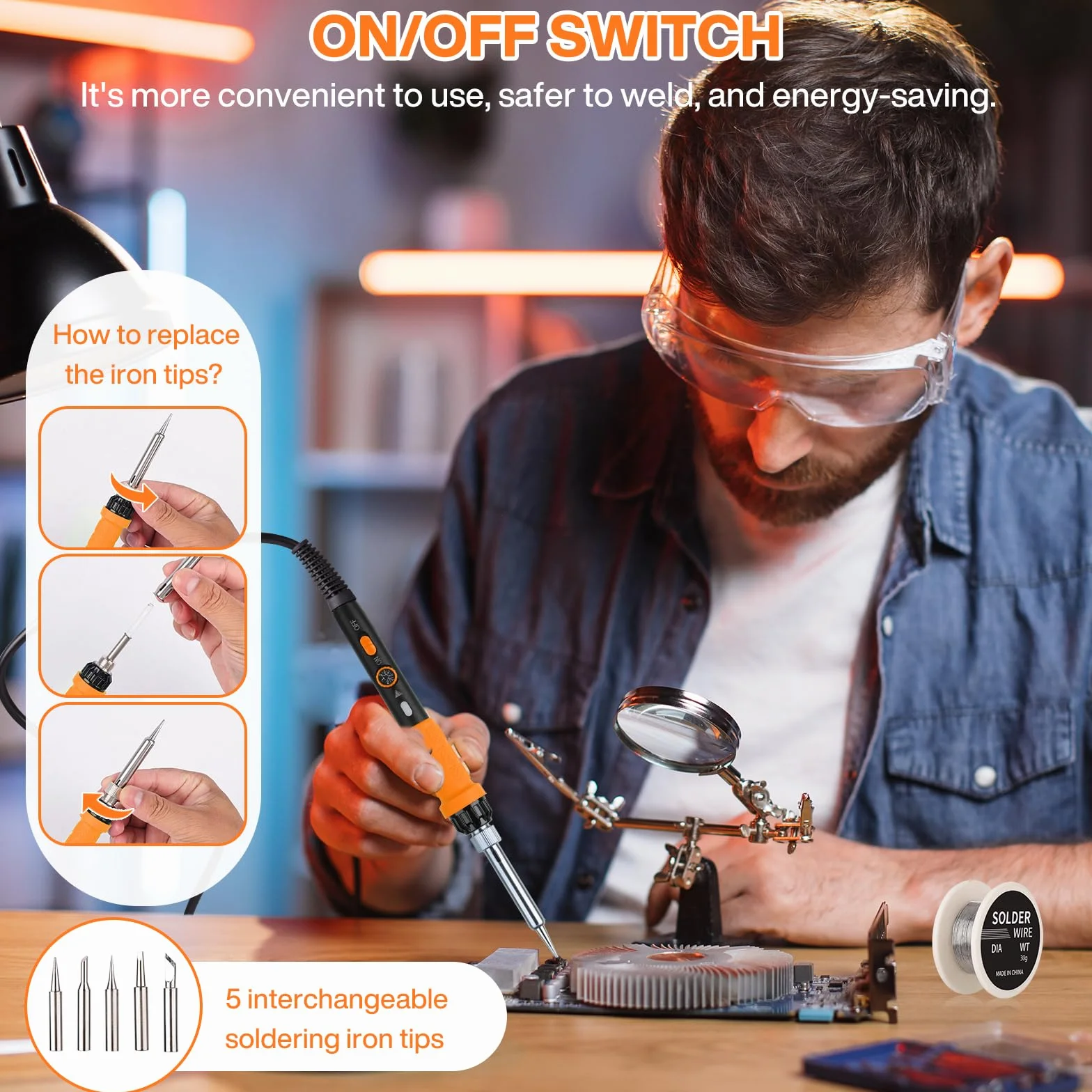 Zestaw lutownicy 60 W z multimetrem cyfrowym LCD, 5 końcówkami, stojak, pompa do rozlutowywania, cyna, ściągacze izolacji, pęseta, taśma klejąca, torba na narzędzia